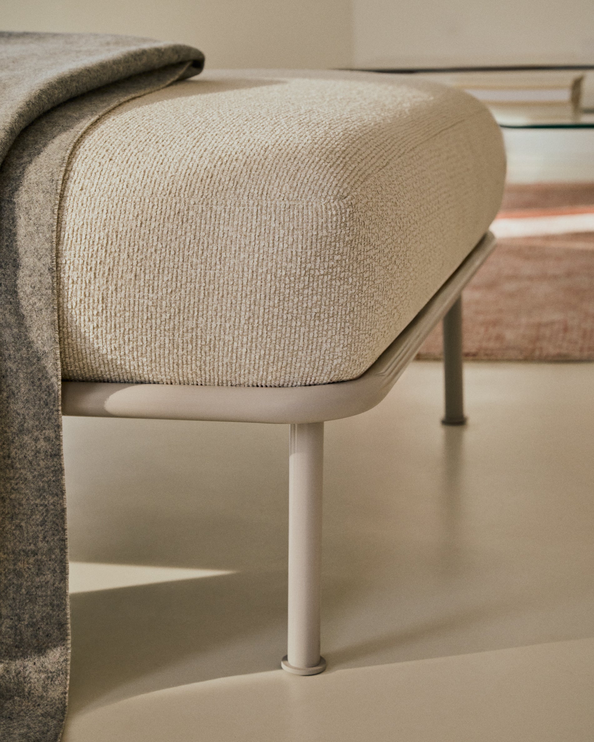 Aurum ecru chenille footrest with matte beige metal base 85 x 85cm FSC Mix Credit - Lifestyle