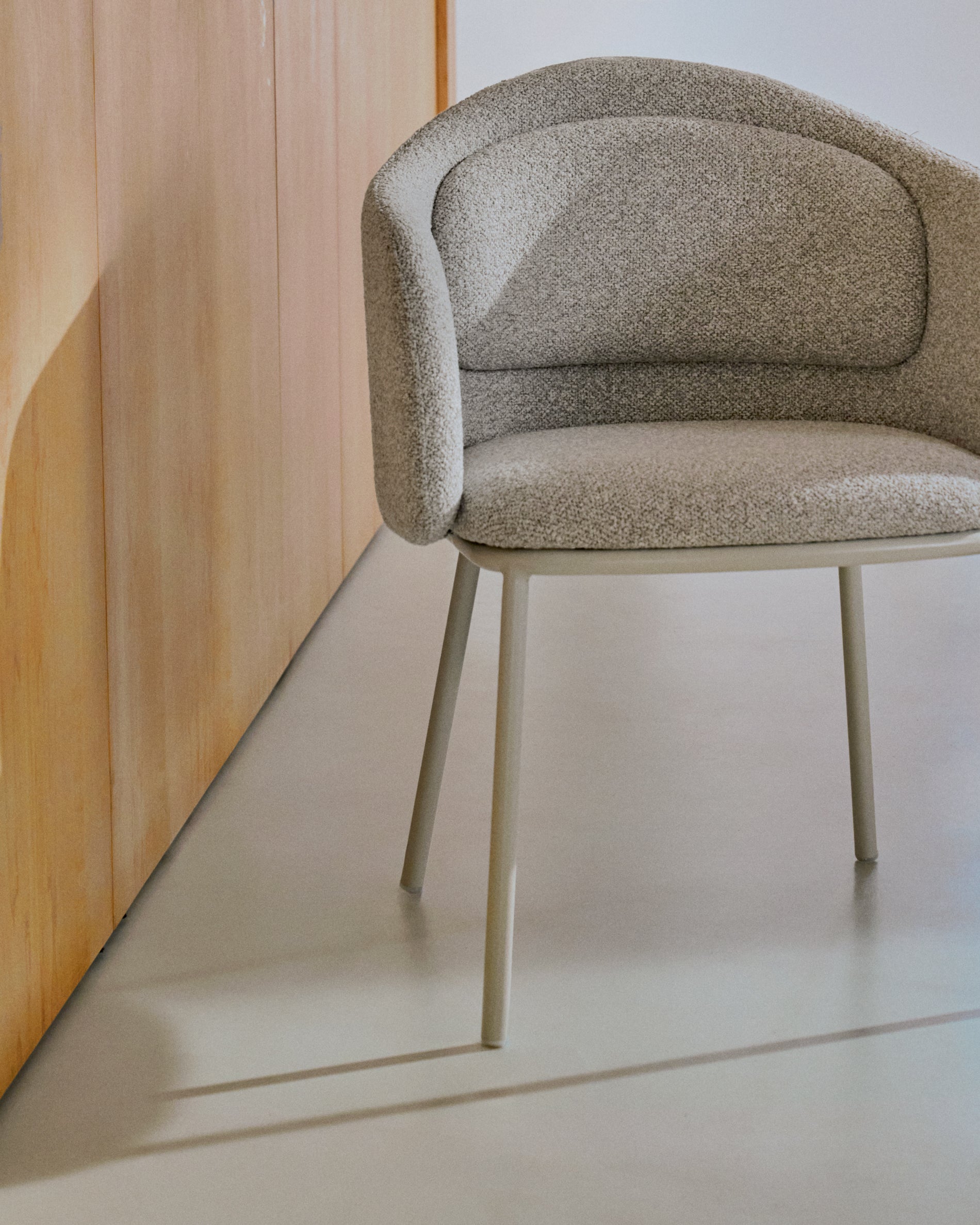 Idaira chair in thick beige chenille and steel legs in a beige finish, FSC Mix Credit - Lifestyle