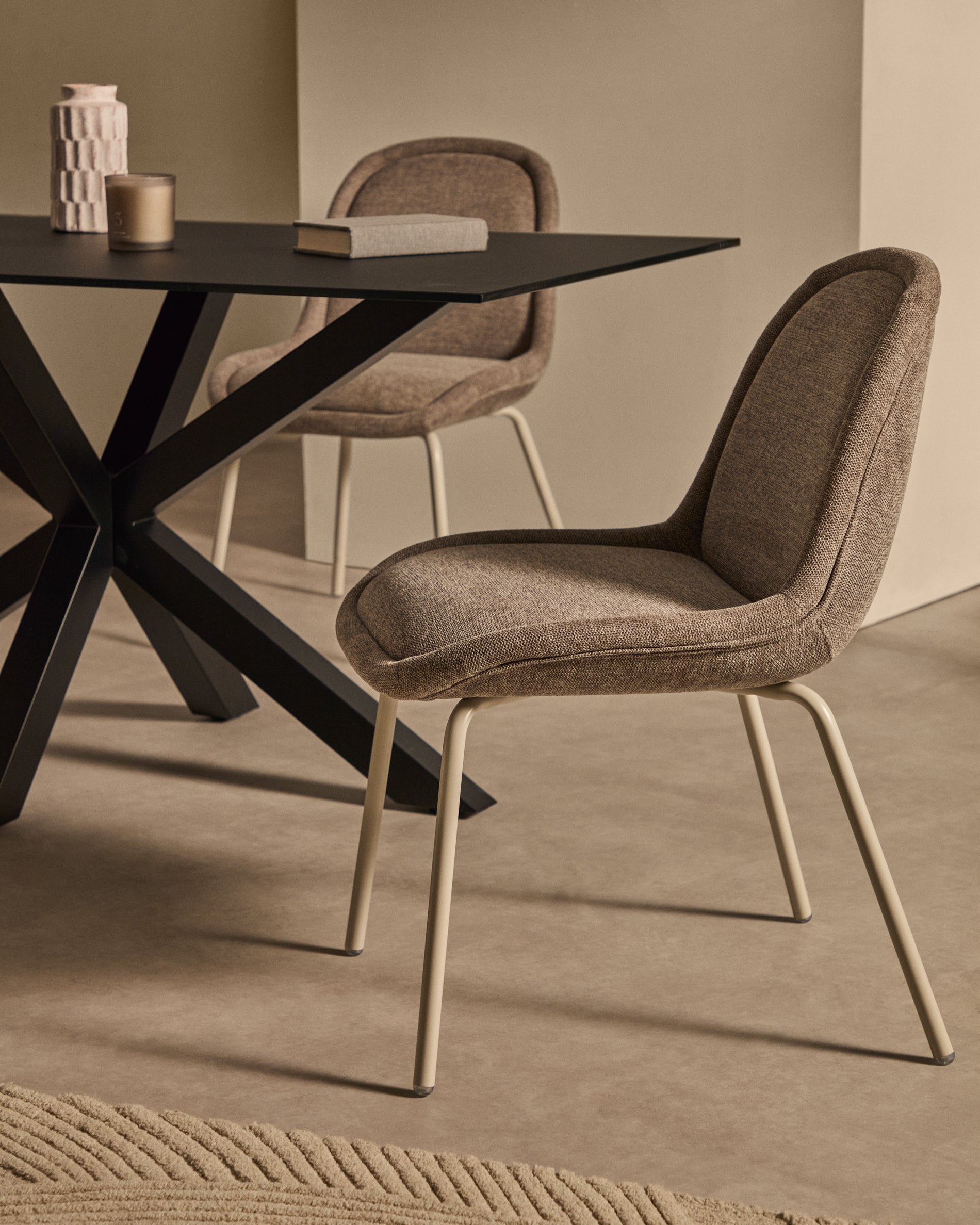 Aimin chair in brown chenille and steel legs with a matte beige painted finish FSC Mix Credit - Lifestyle