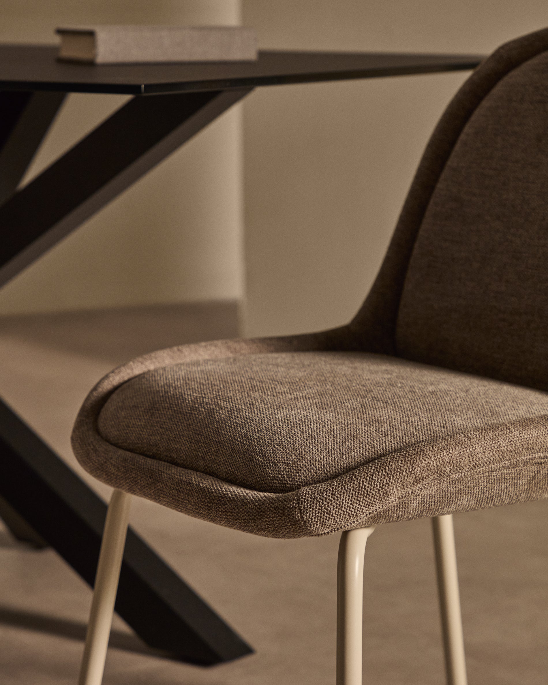 Aimin chair in brown chenille and steel legs with a matte beige painted finish FSC Mix Credit - Lifestyle