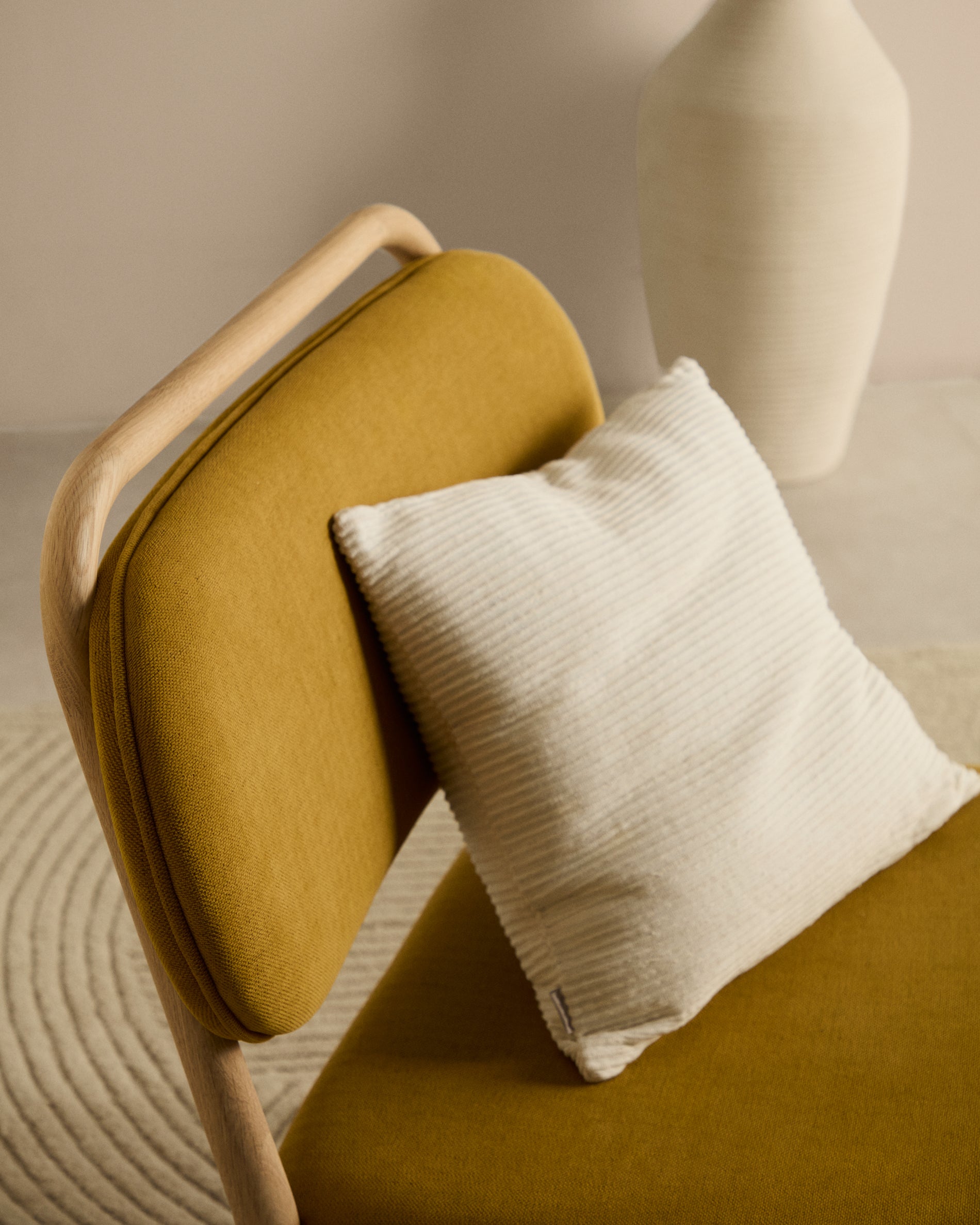 Helda armchair in mustard-coloured chenille and FSC Mix Credit solid oak wood - Lifestyle