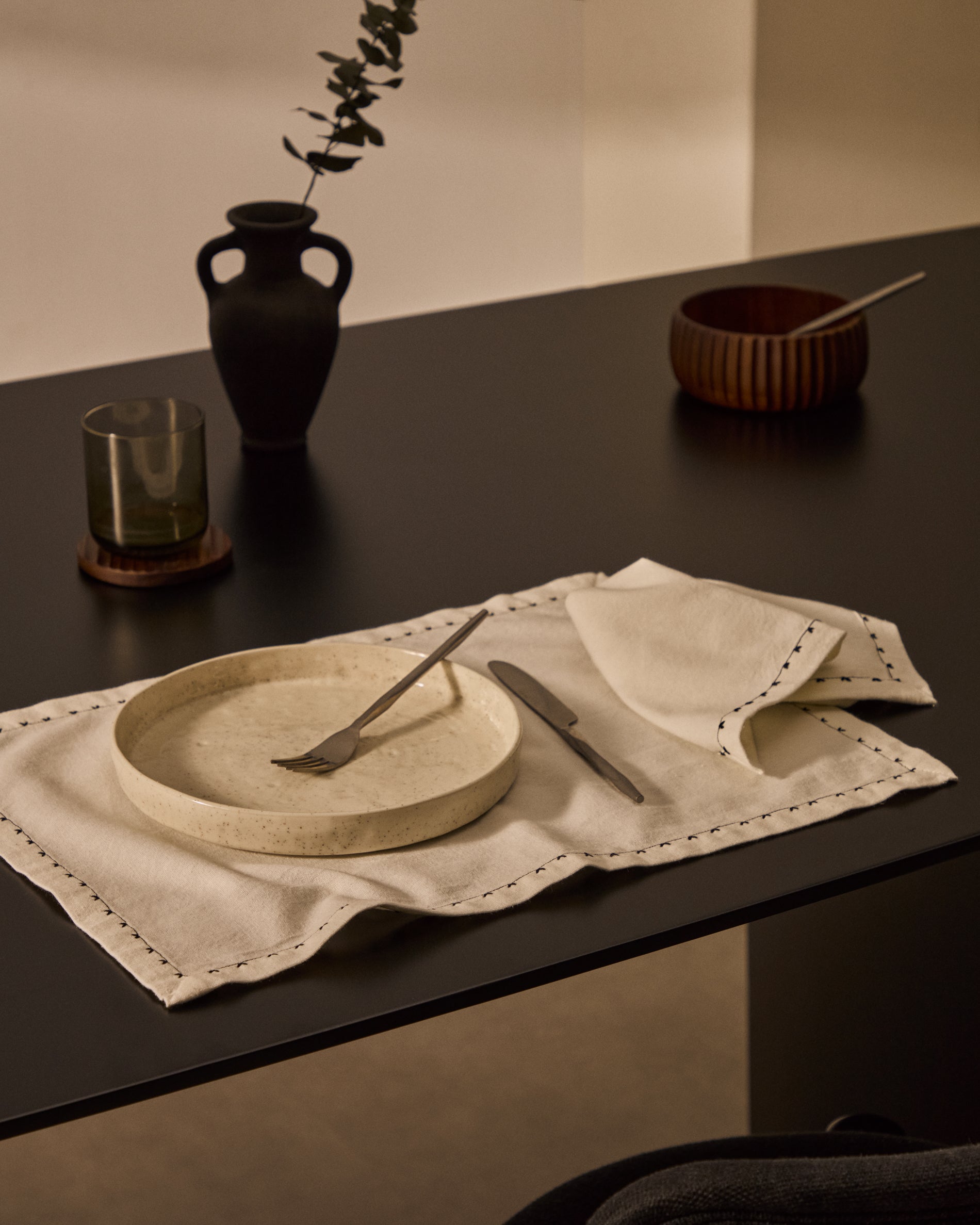 Olim set of two beige, 100% cotton napkins with black embroidery detail - Lifestyle
