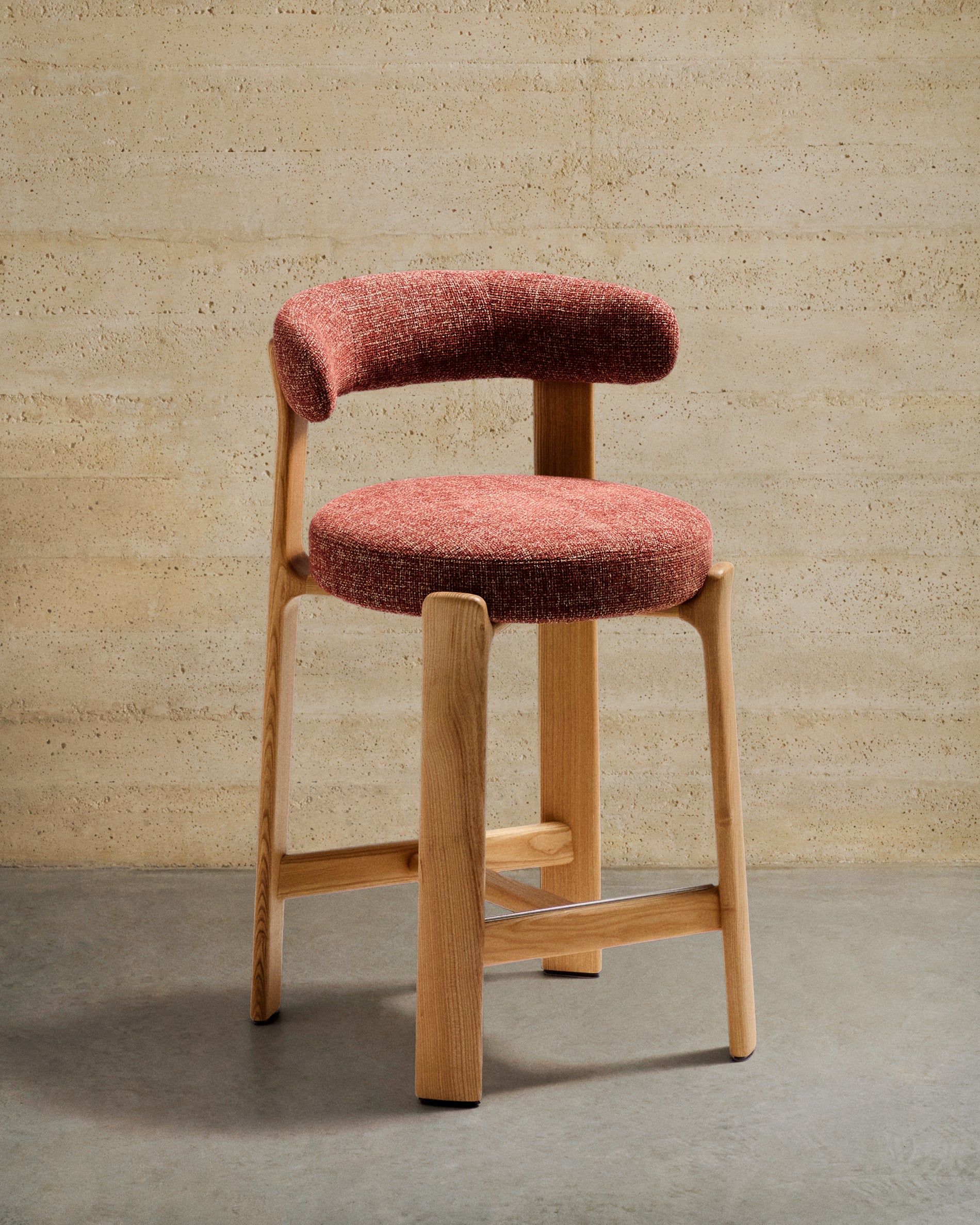 Granite stool in terracotta chenille and solid ash wood with natural tone finish FSC 100% 65cm - Lifestyle