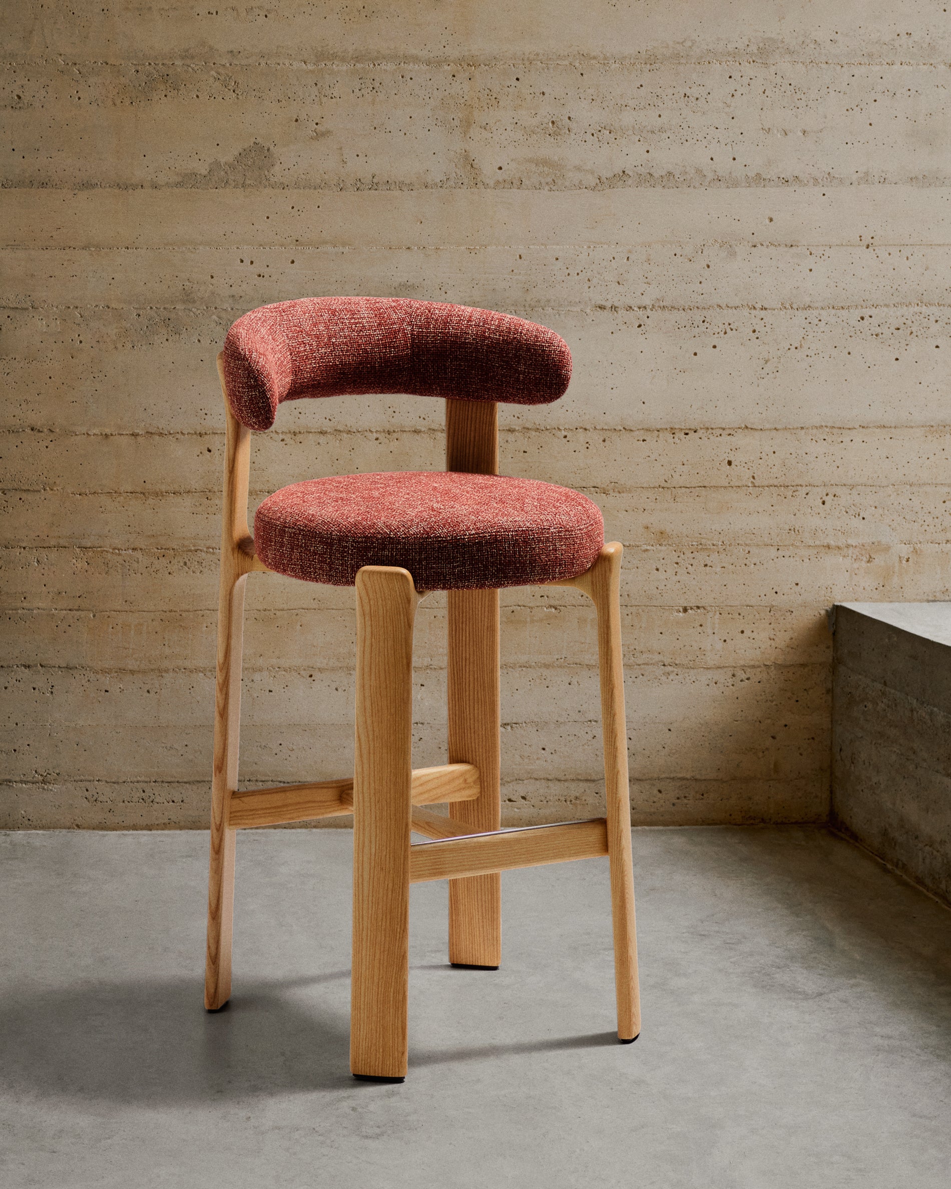 Granite stool in terracotta chenille and solid ash wood with natural tone finish FSC 100% 75cm - Lifestyle