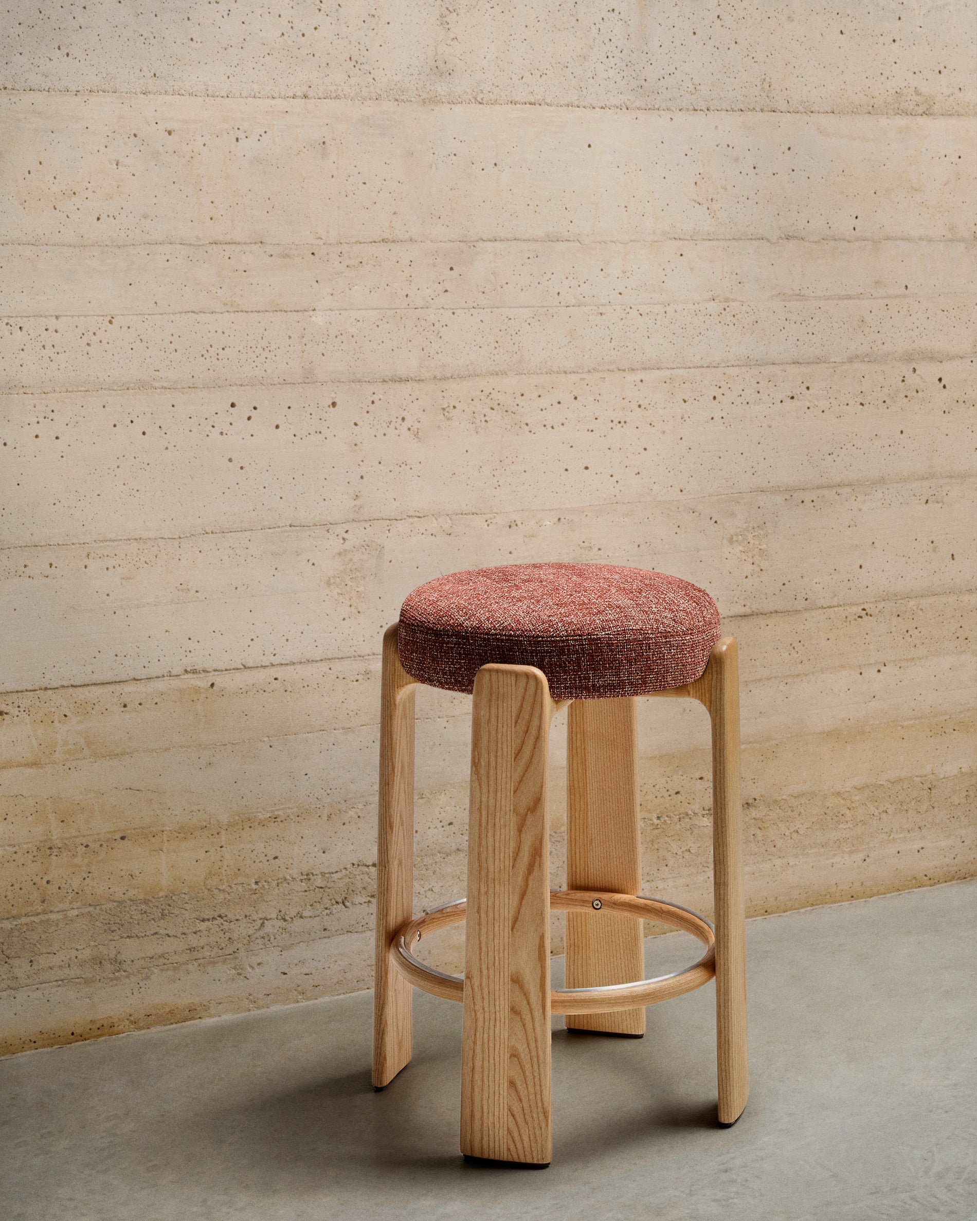 Granite stool in terracotta chenille and solid ash wood with a natural tone finish FSC 100% 75cm - Lifestyle