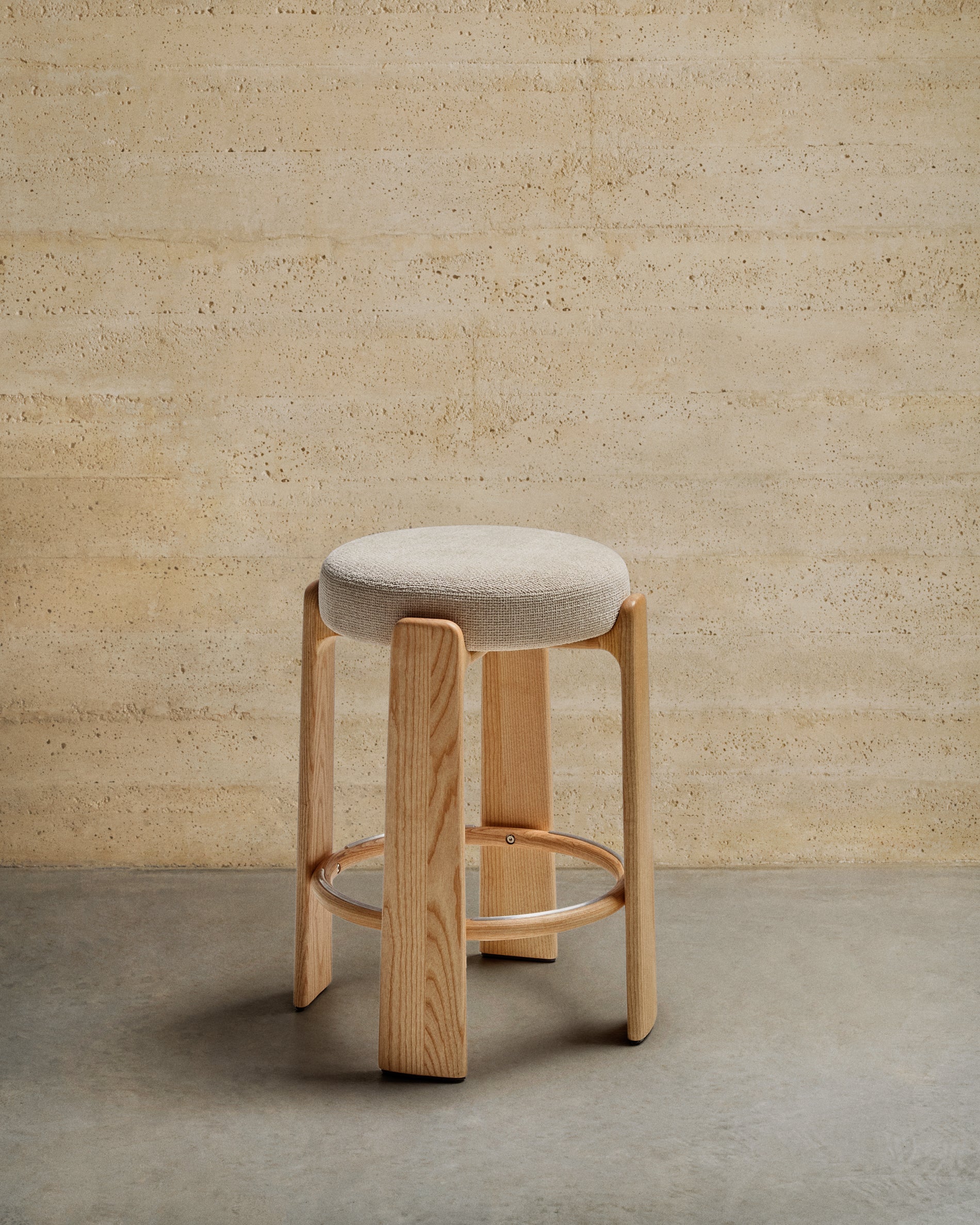 Granite stool in beige chenille and solid ash wood with natural tone finish FSC 100% 65cm - Lifestyle