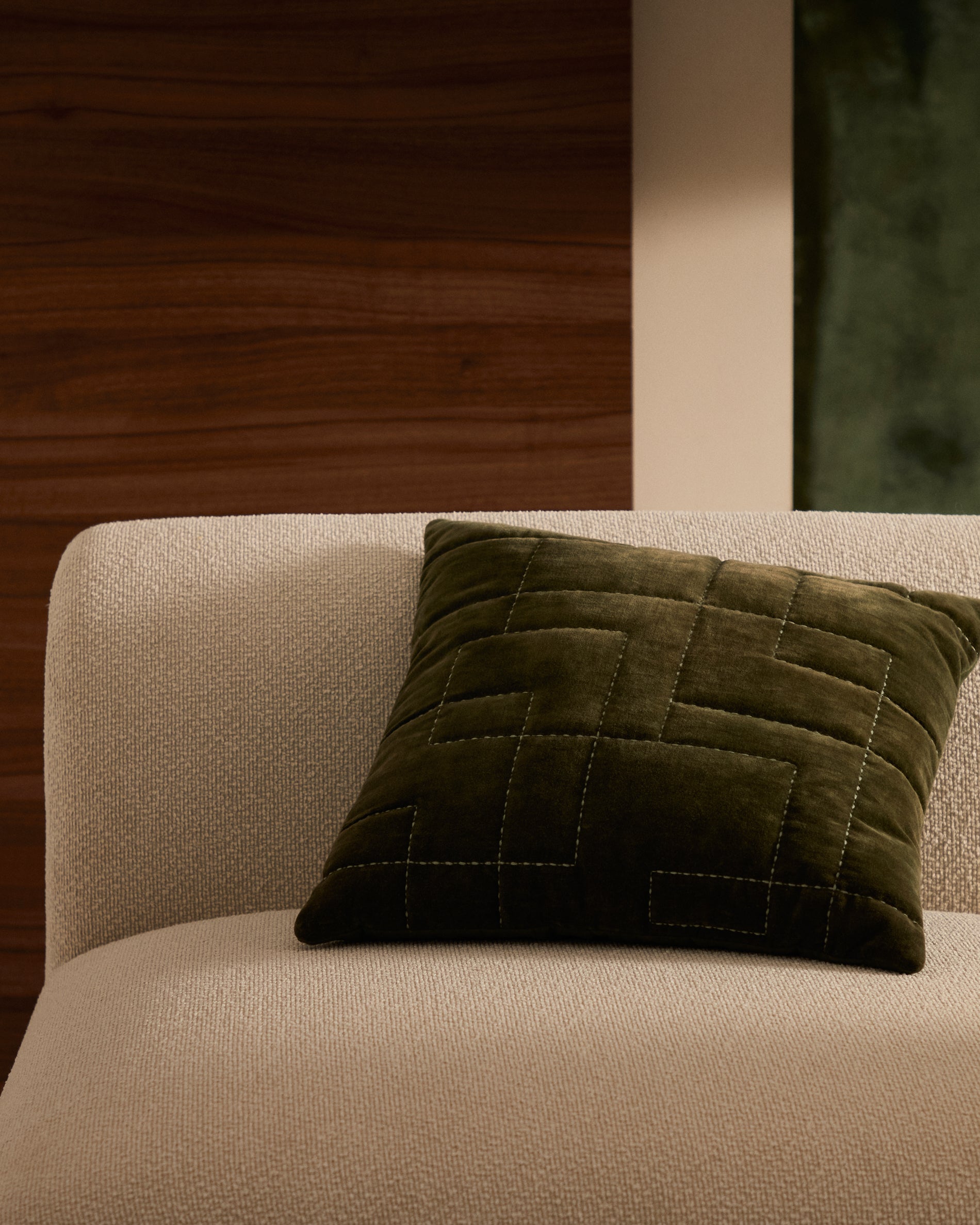 Prila green velvet cotton cushion cover with geometric embroidery feature, 45 x 45 cm - Lifestyle