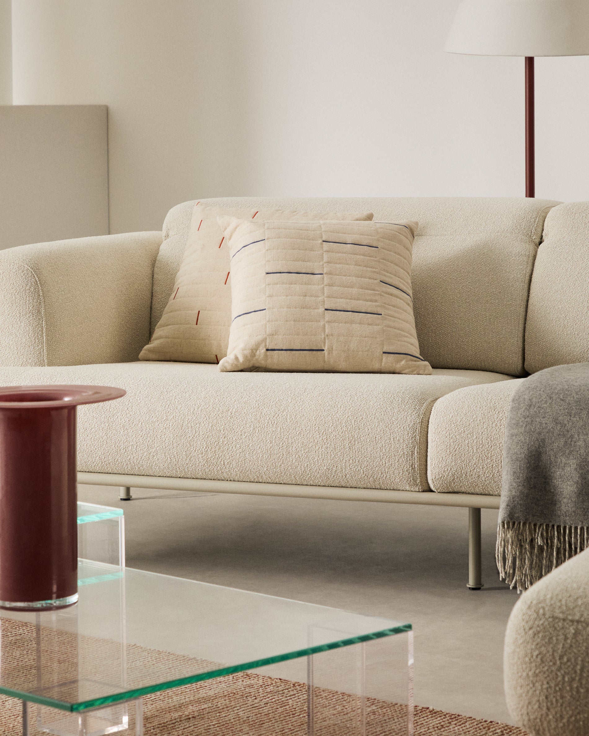 Blaina cushion cover in white linen with a blue embroidery feature, 45 x 45 cm - Lifestyle