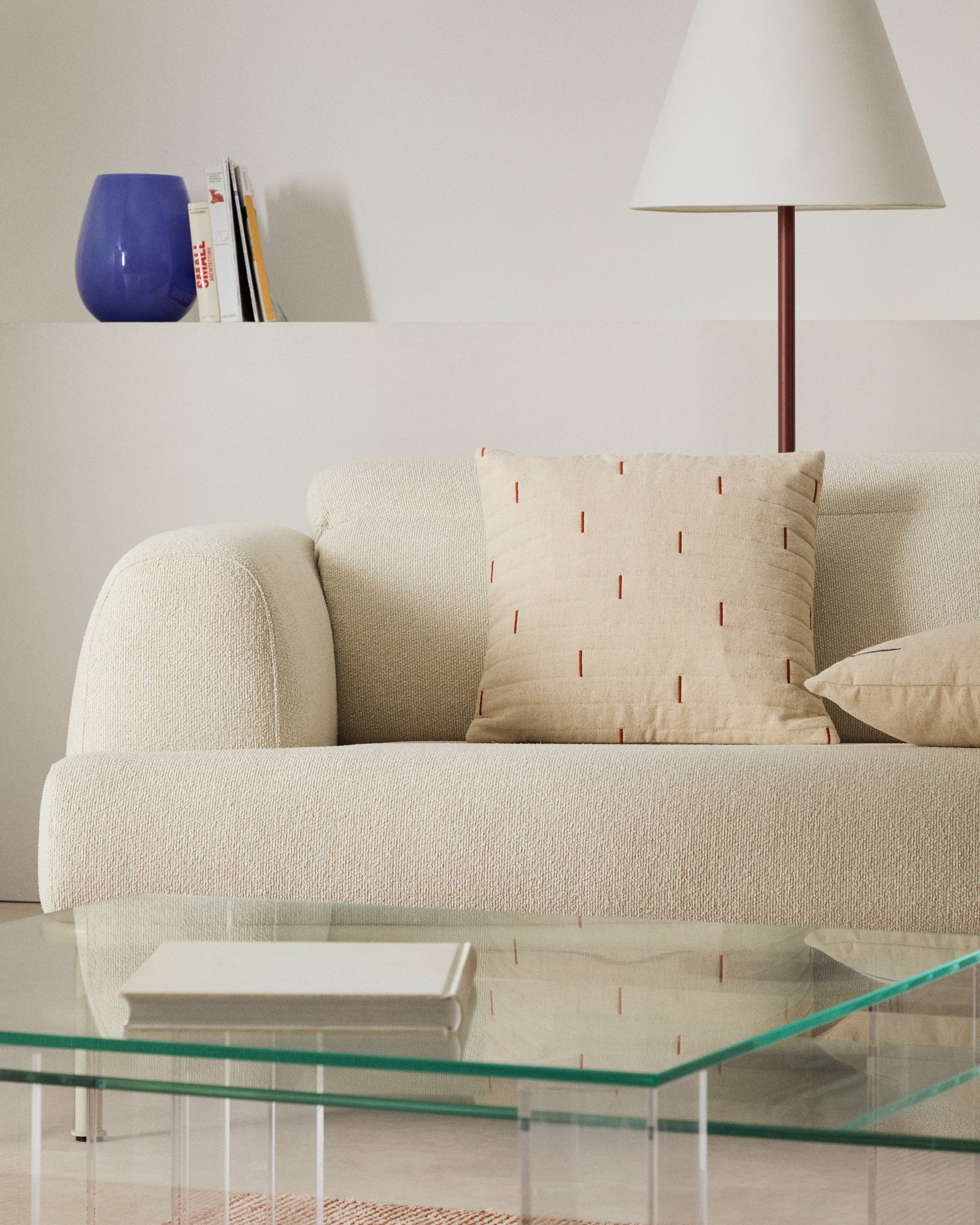 Blaina cushion cover in white linen with a red embroidery feature, 45 x 45 cm - Lifestyle