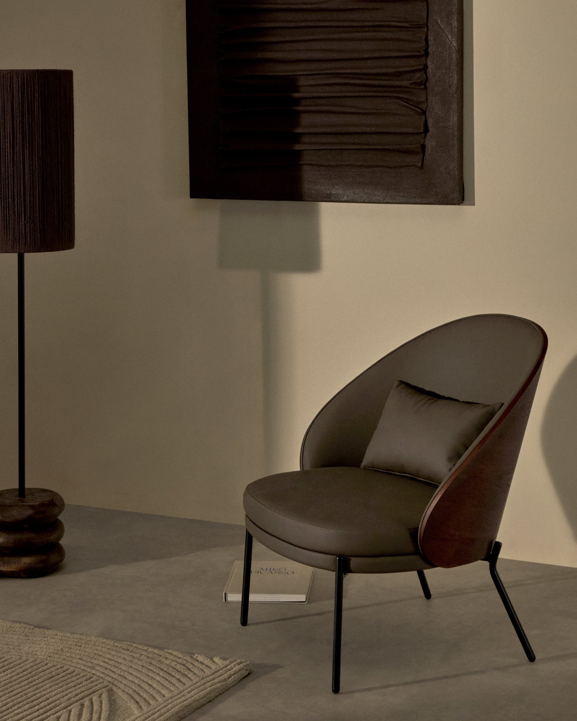 Eamy armchair in brown faux leather, ash veneer with walnut and black metal finish - Lifestyle