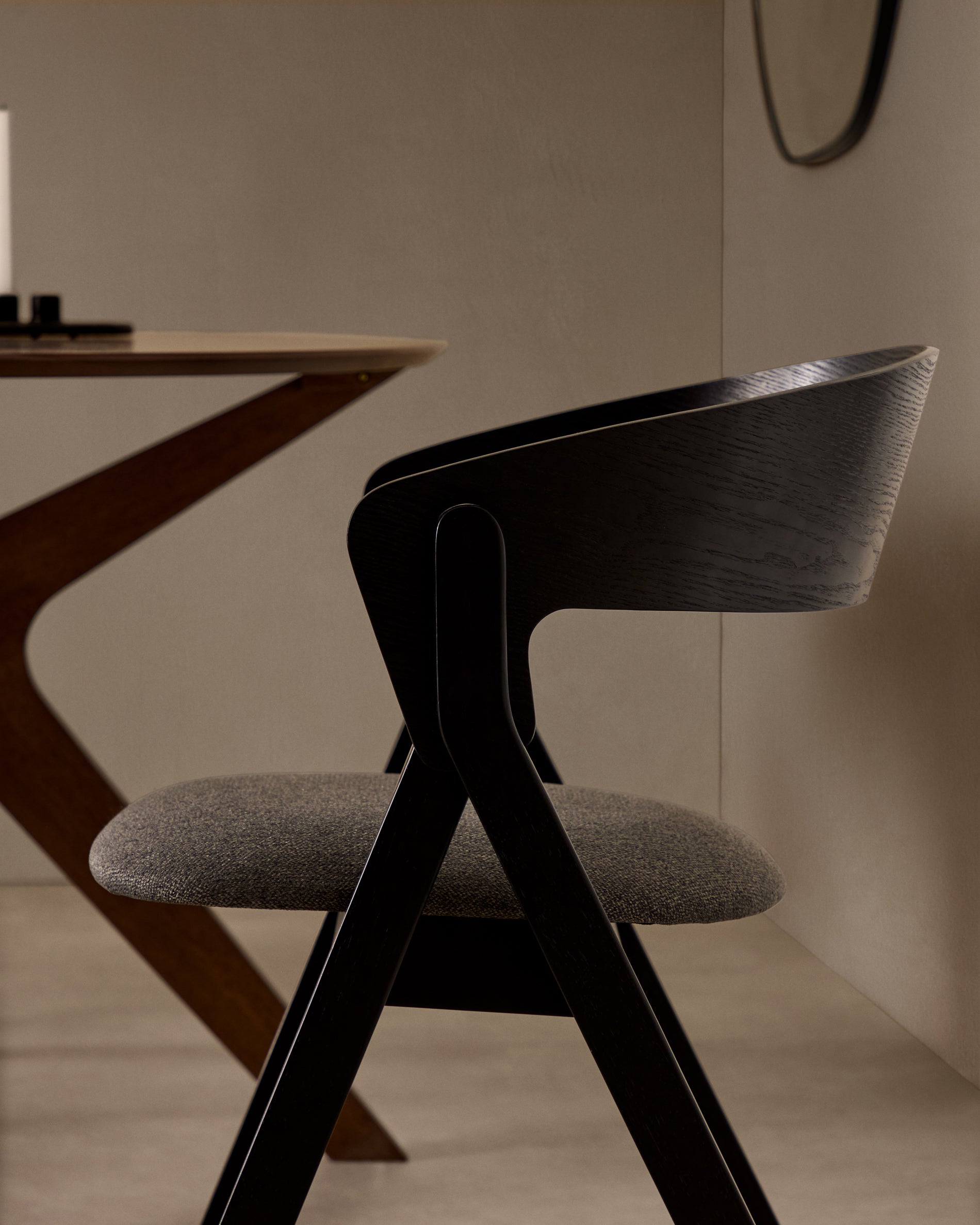 Godia chair in ash veneer with a black finish and grey chenille - Lifestyle