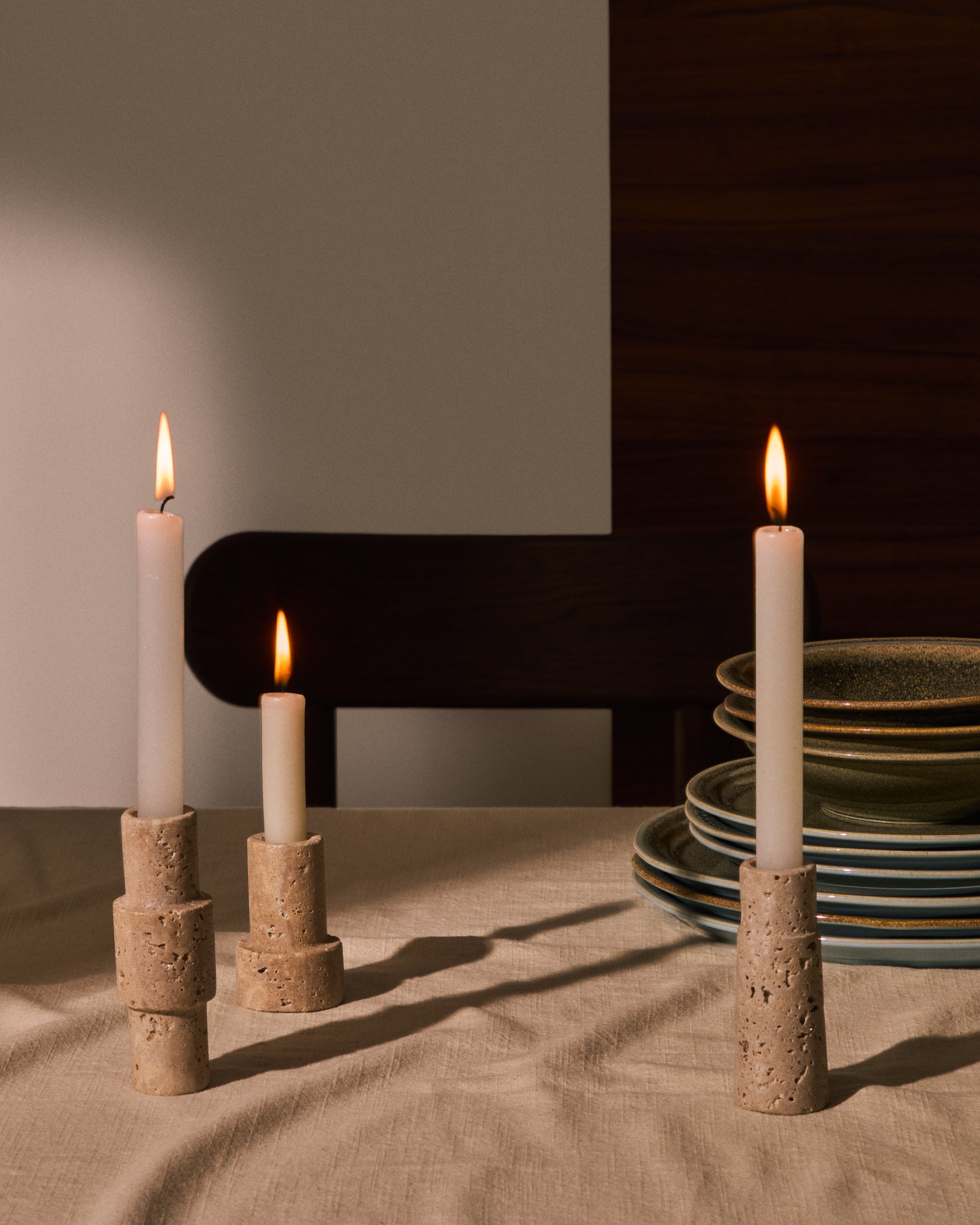 Majid set of 3 beige travertine candle holders - Lifestyle
