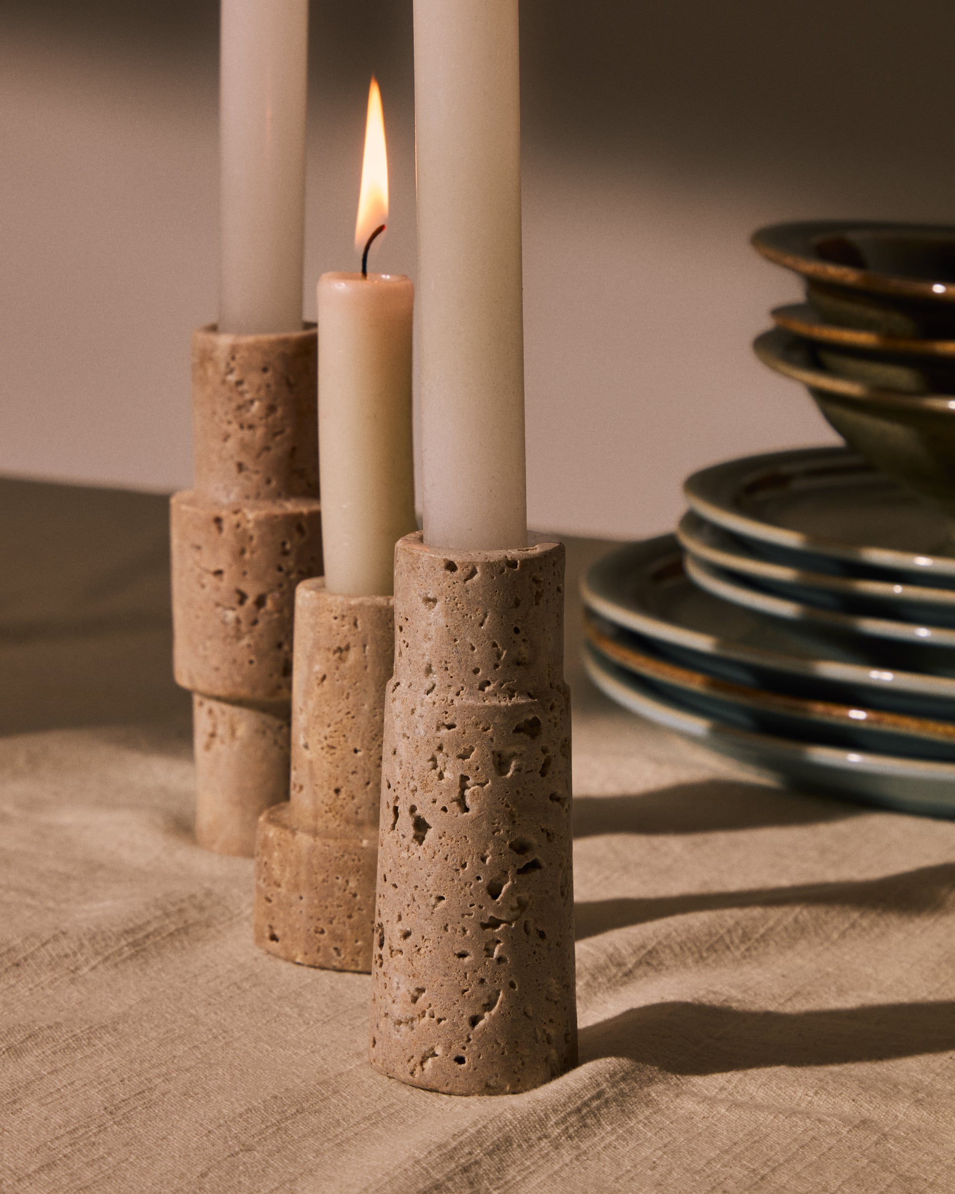 Majid set of 3 beige travertine candle holders - Lifestyle