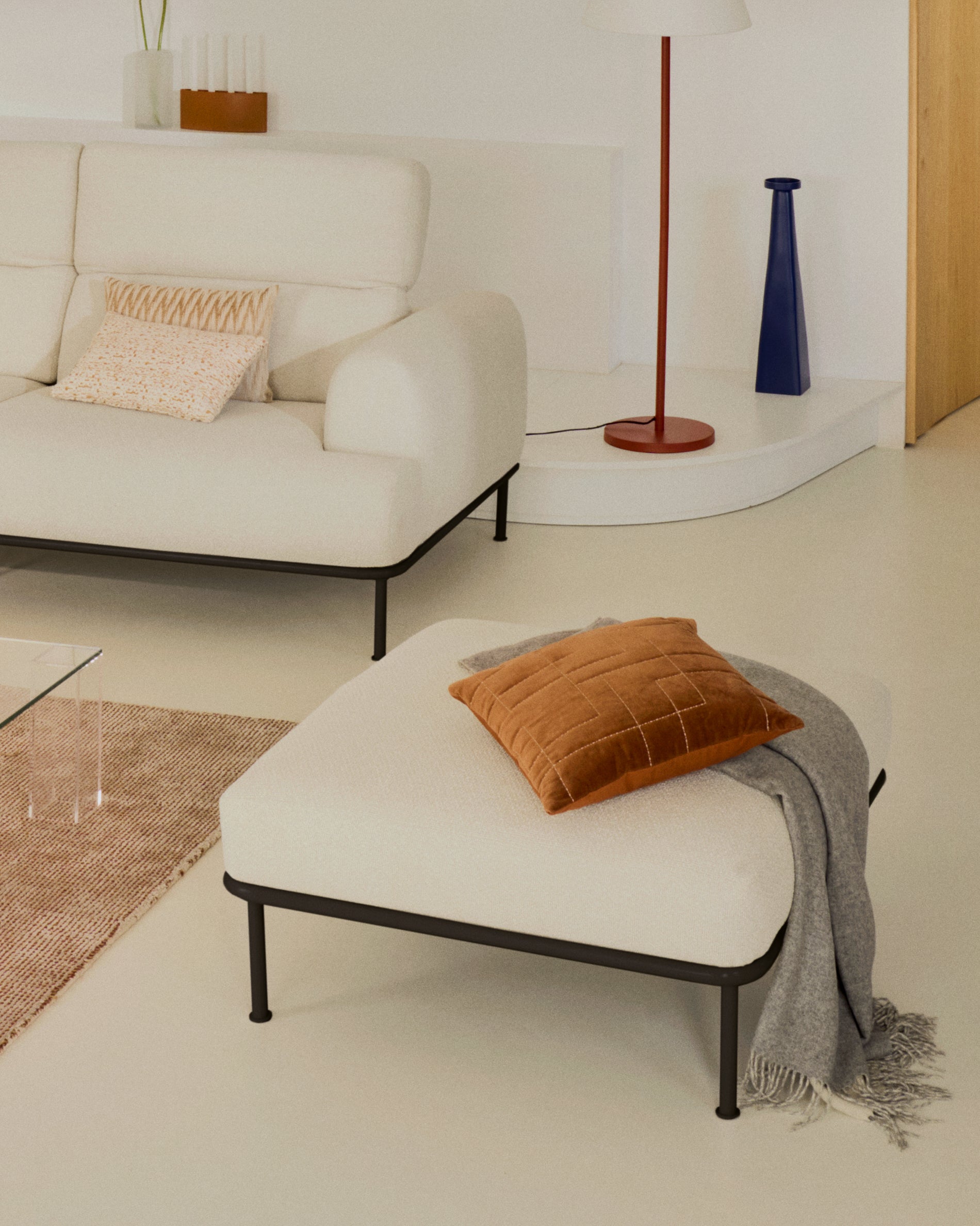 Aurum ecru chenille footrest with matte grey metal base 85 x 85cm FSC Mix Credit - Lifestyle