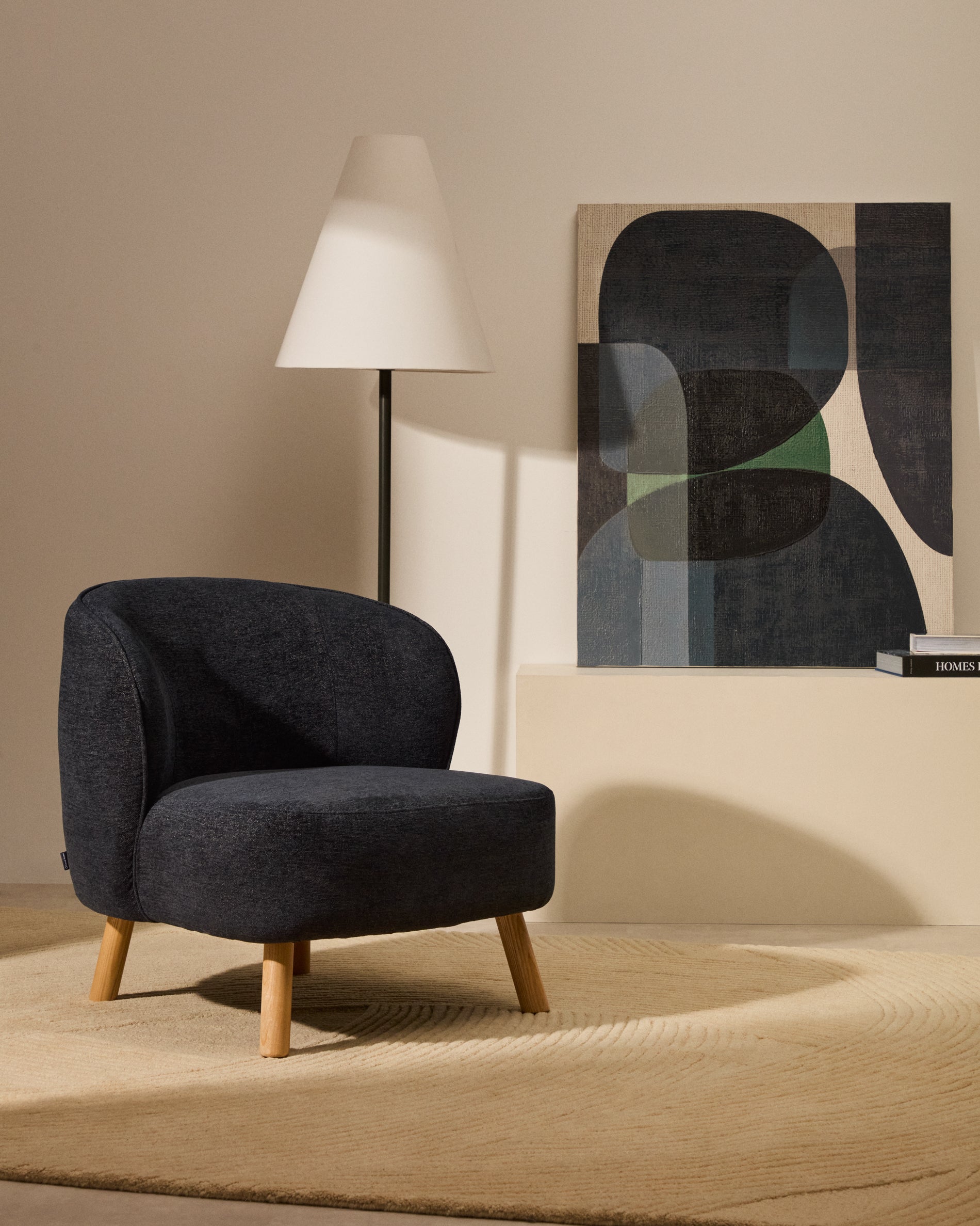 Ulit armchair in blue-grey chenille with solid beech wood legs in a natural finish - Lifestyle