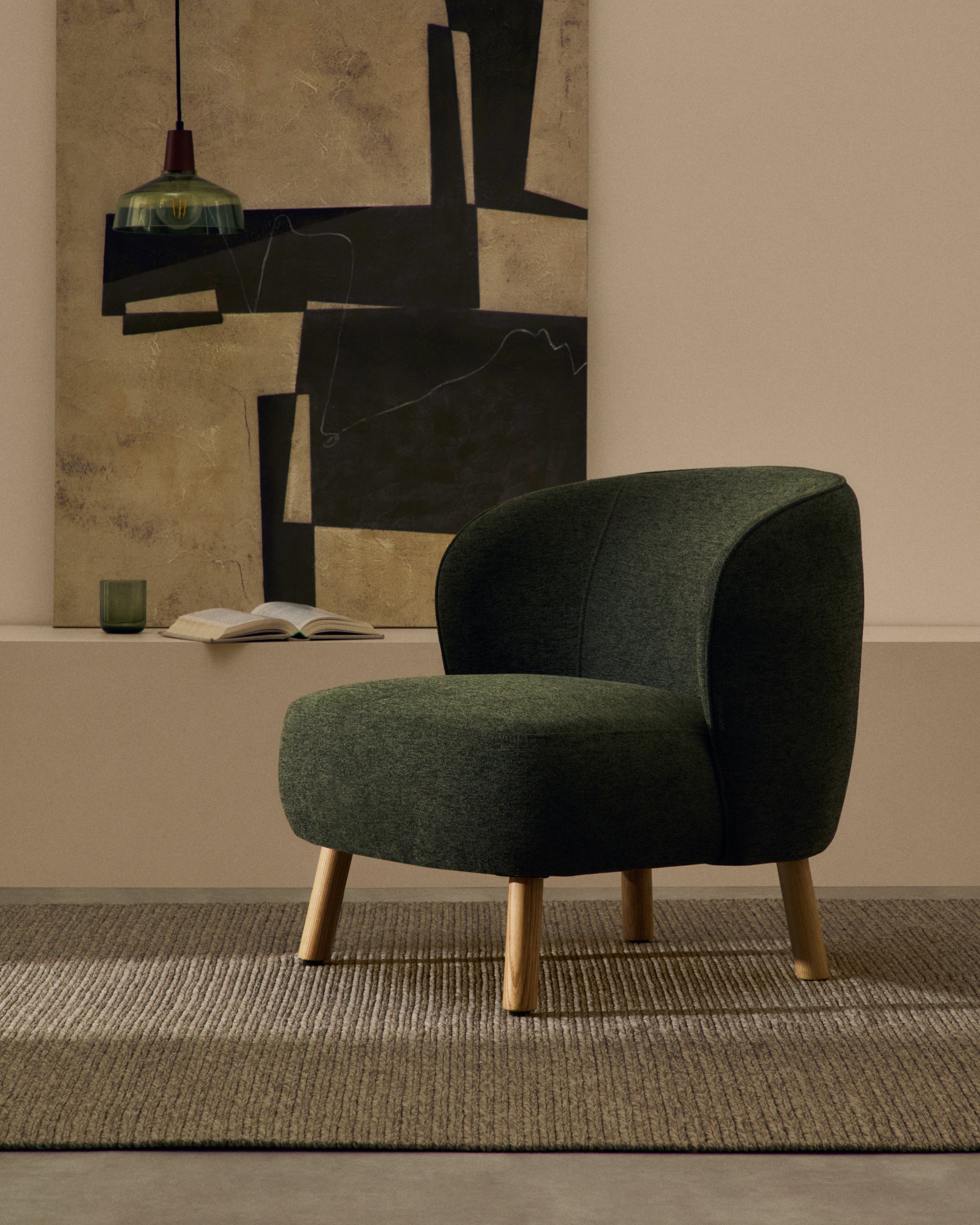 Ulit armchair in green chenille with solid beech wood legs in a natural finish - Lifestyle