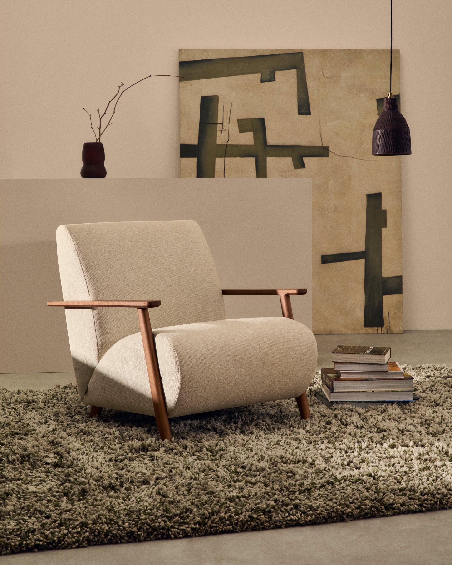 Meghan armchair in pearl chenille and solid ash wood with walnut finish FSC Mix Credit - Lifestyle