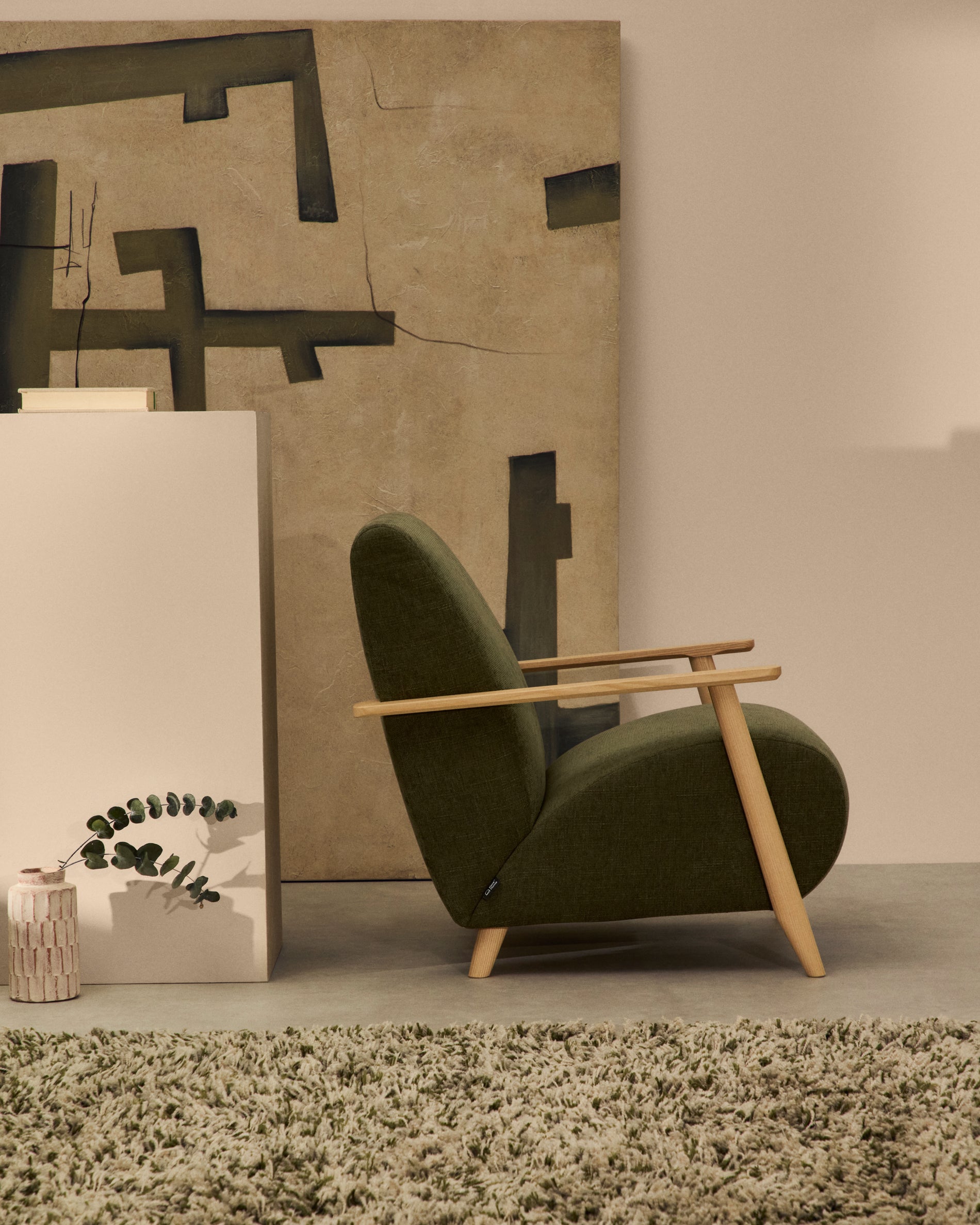 Meghan armchair in green chenille and with solid beech wood in a natural finish FSC Mix Credit - Lifestyle
