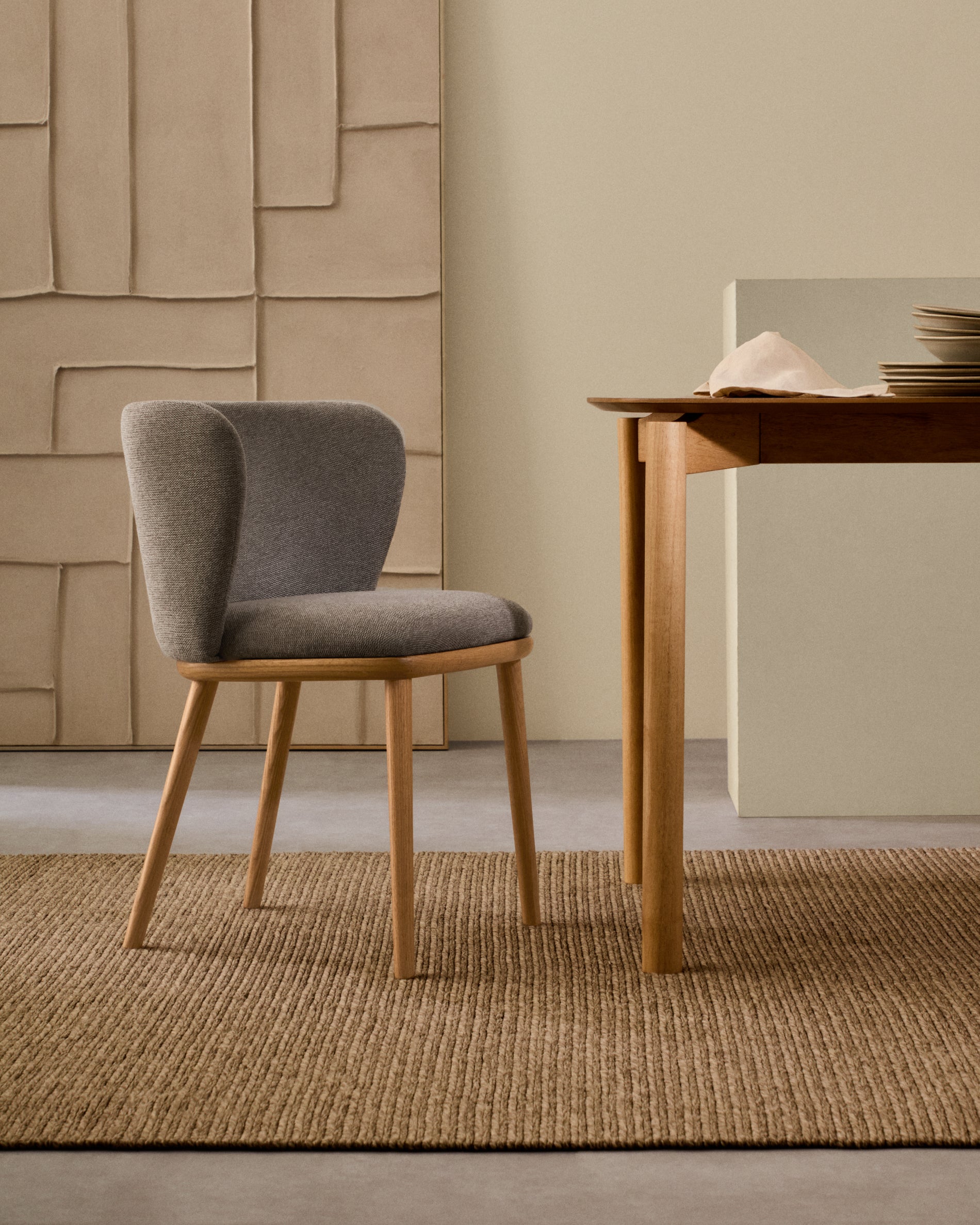 Ciselia chair brown chenille and solid ash wood natural tone finish FSC Mix Credit - Lifestyle