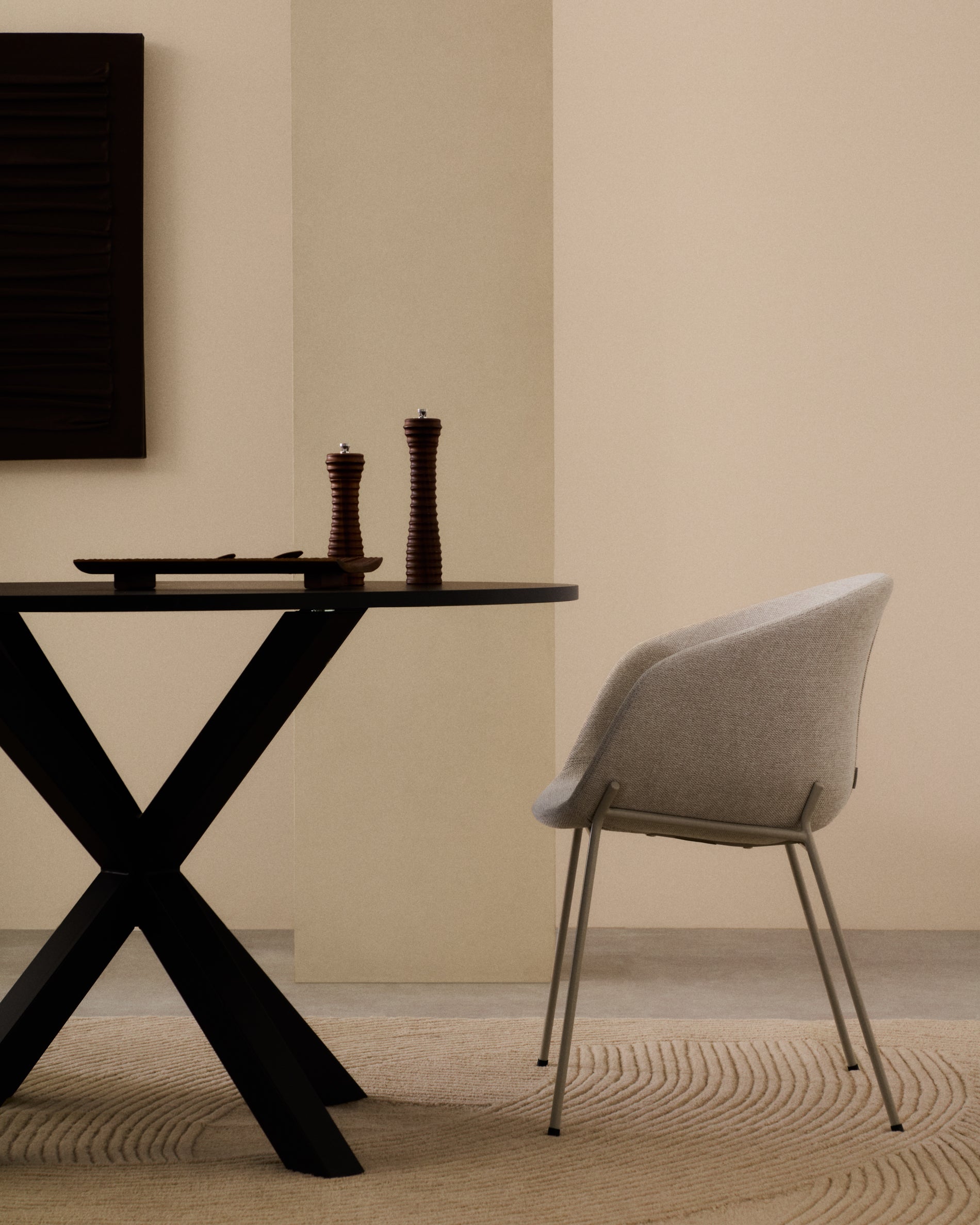 Yvette chair in beige chenille and steel legs in a beige finish - Lifestyle