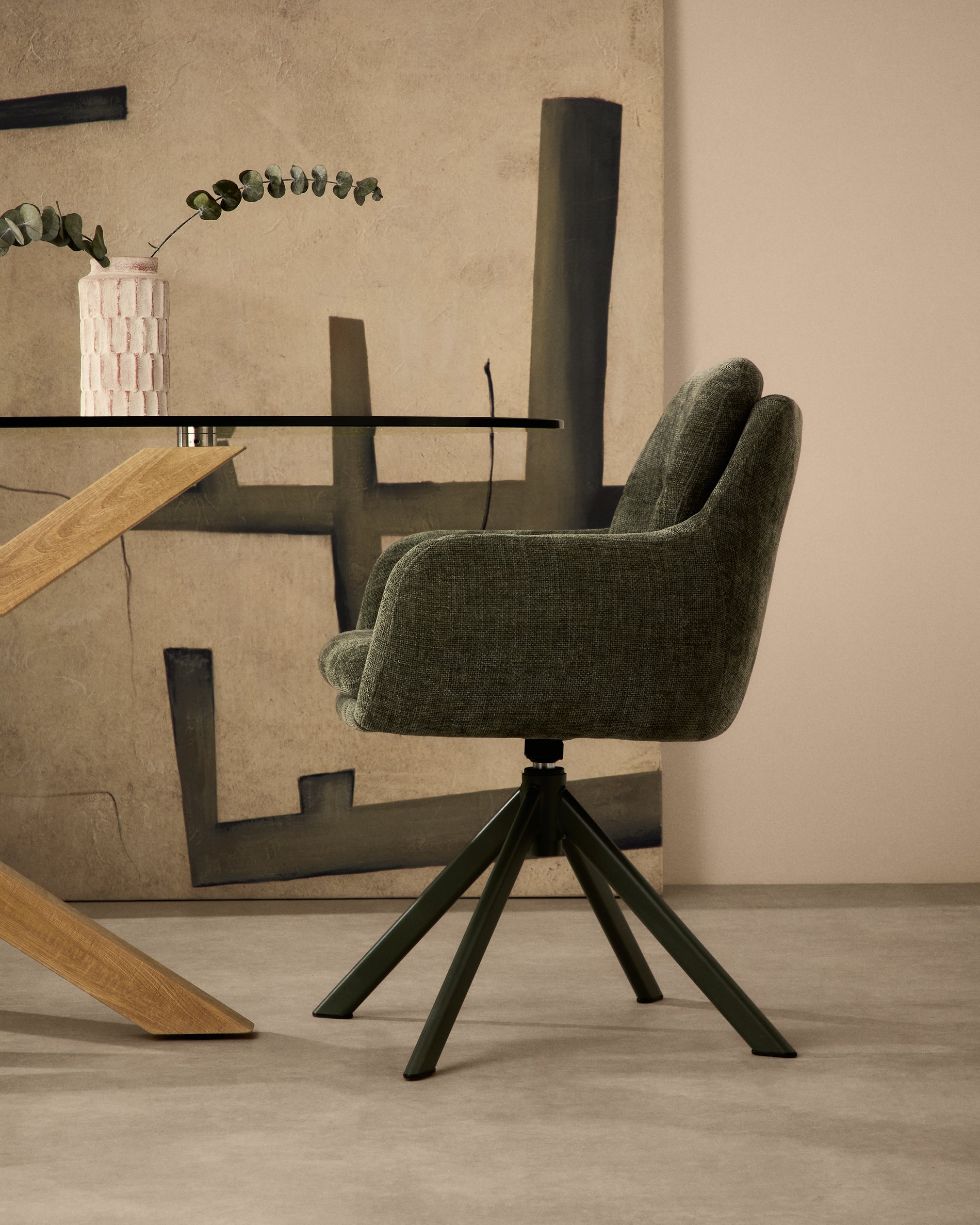 Lexa swivel chair in green chenille and steel legs in a green finish - Lifestyle