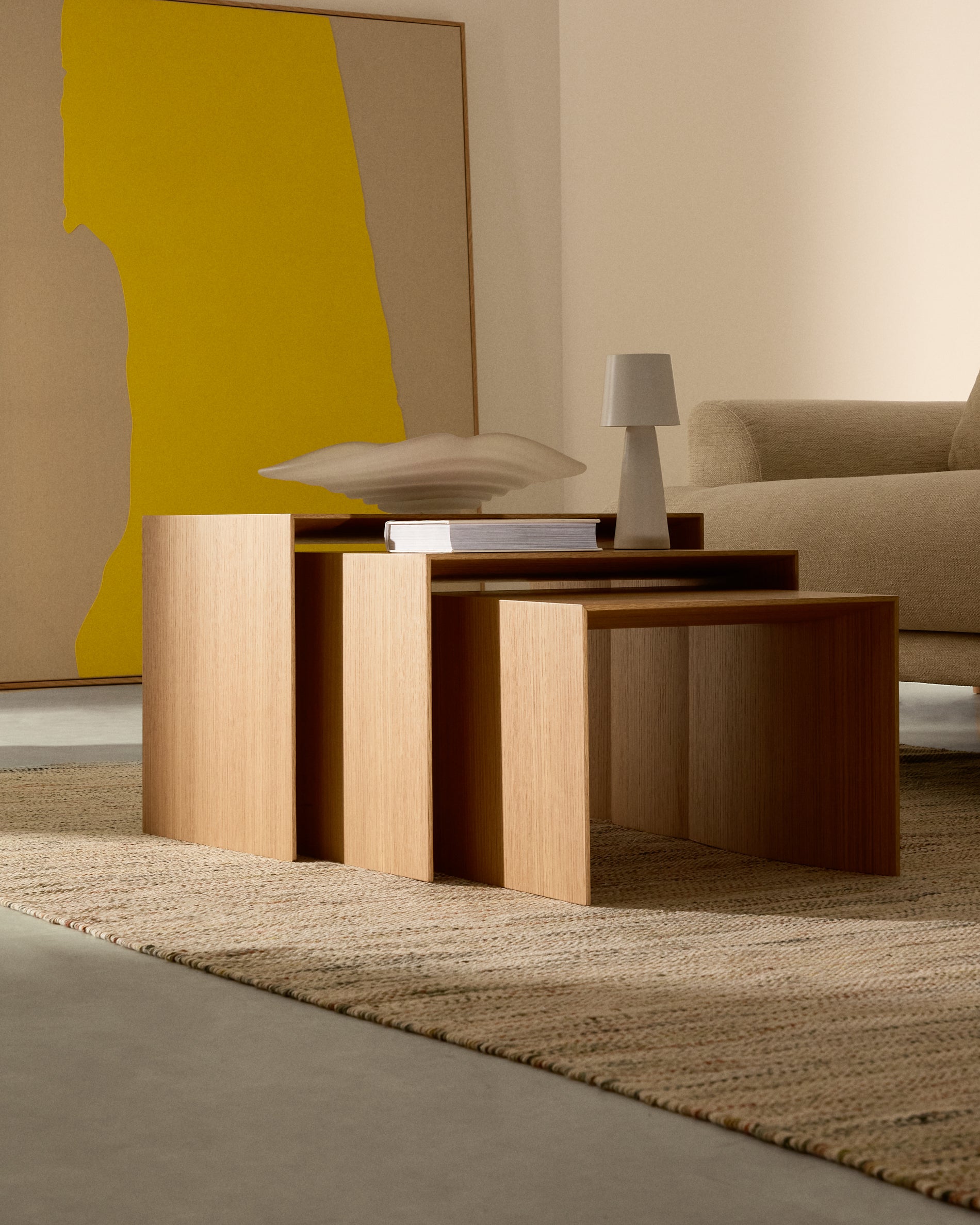 Litto set of 3 oak veneer nesting tables FSC Mix Credit 60 x 40 / 51 x 36 / 42 x 31 cm - Lifestyle