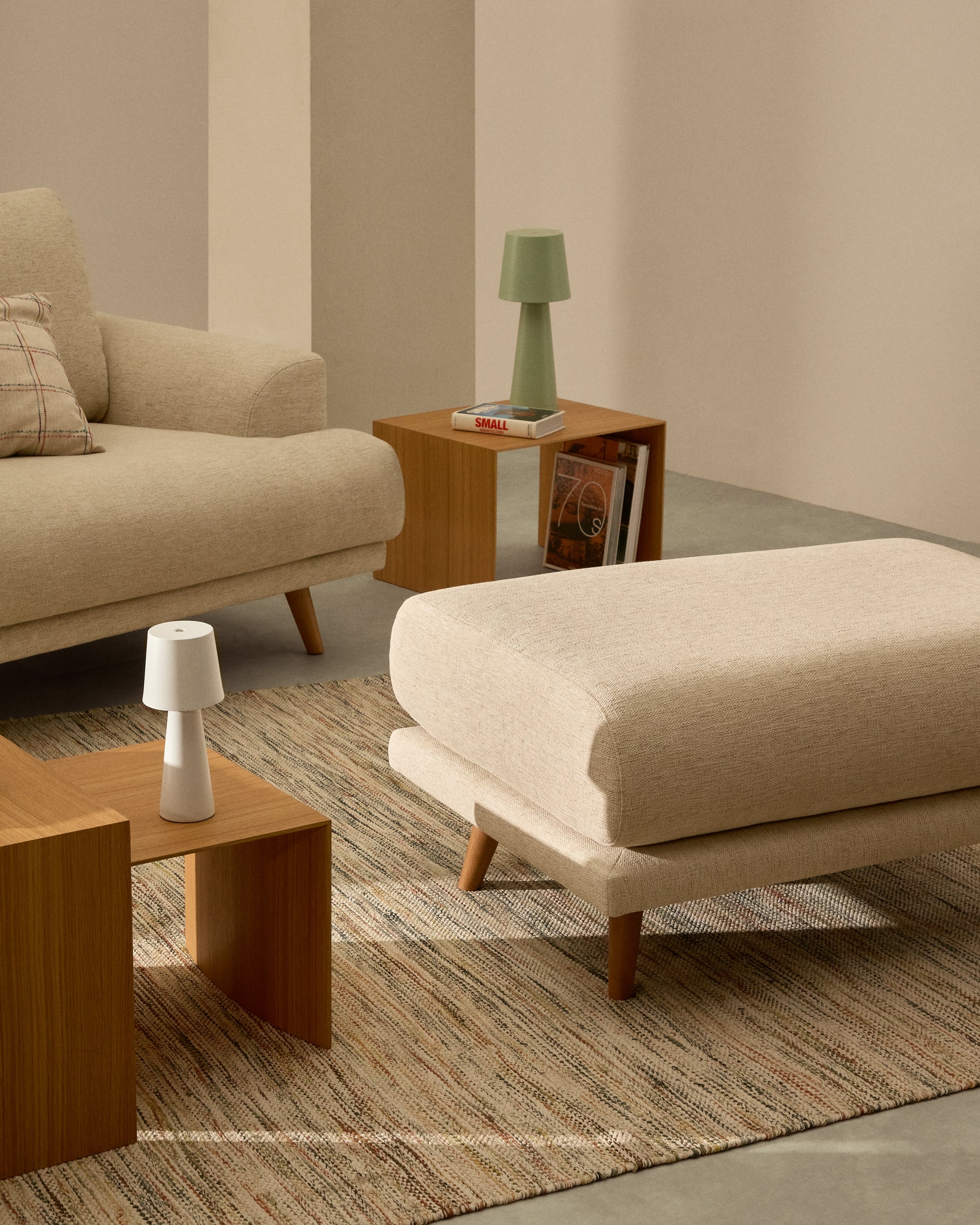 Karin footrest in beige chenille with solid beech wood legs 90 x 70cm - Lifestyle