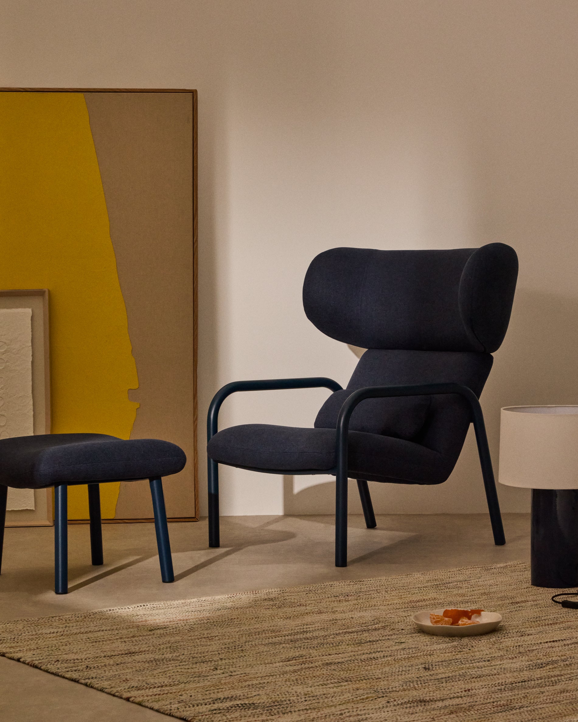 Inari footrest in blue and steel with a blue painted finish 60 x 50cm FSC Mix Credit - Lifestyle