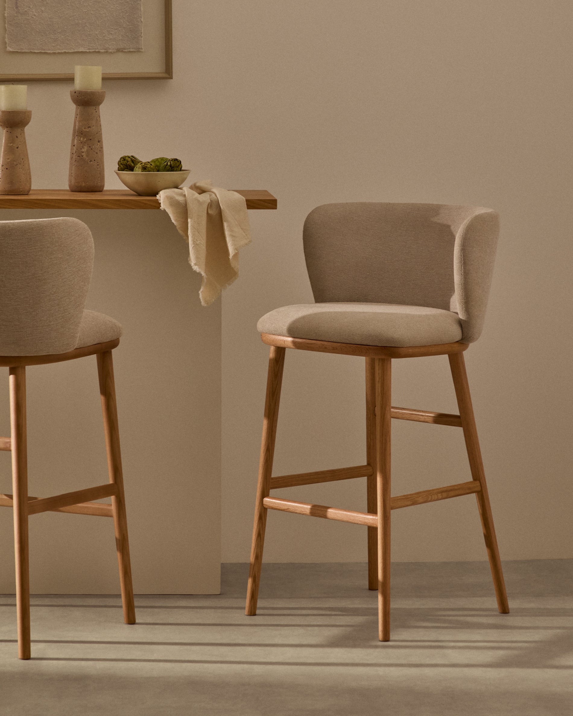 Ciselia stool beige chenille and solid ash wood natural tone finish FSC Mix Credit 65 cm - Lifestyle
