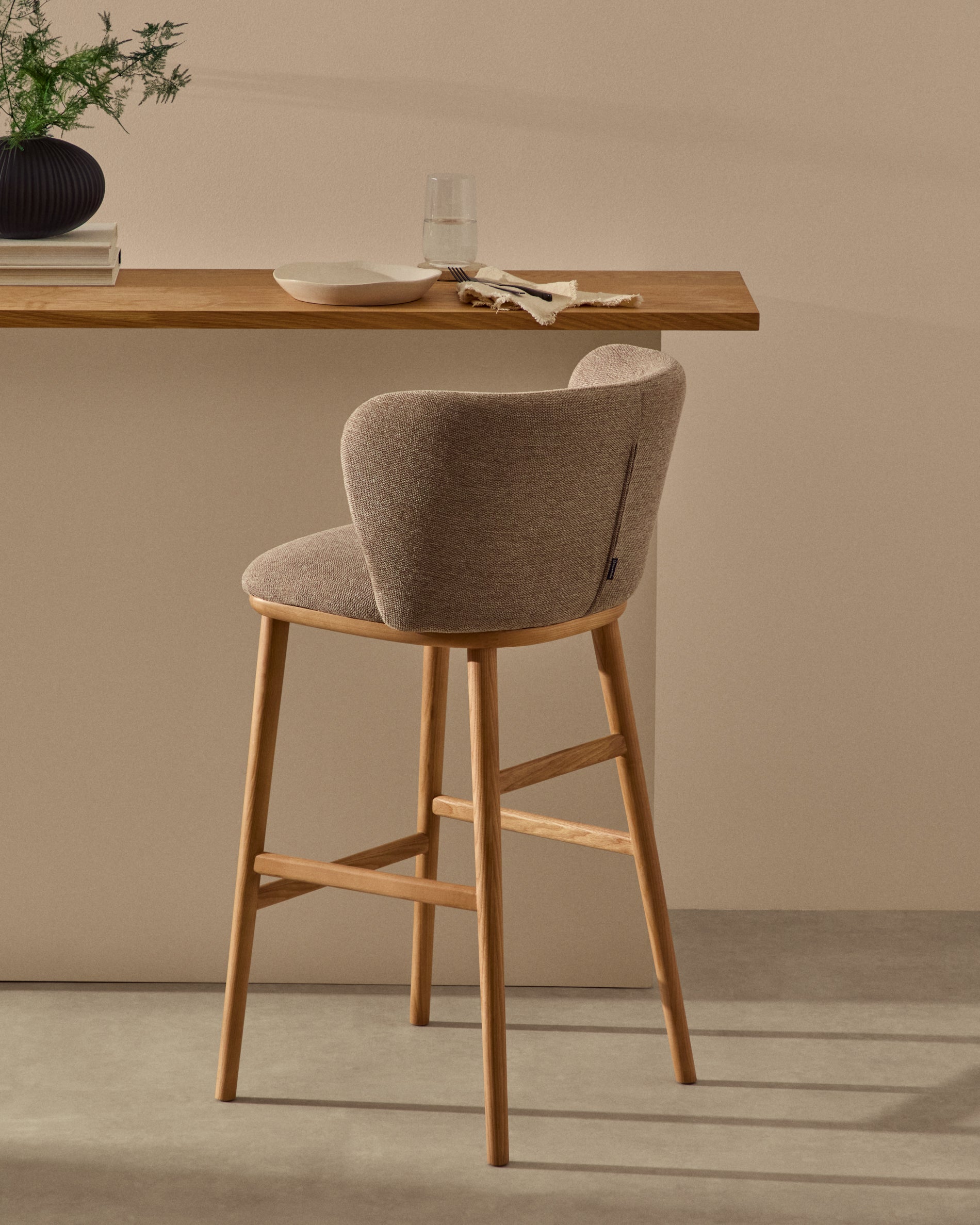 Ciselia stool beige chenille and solid ash wood natural tone finish FSC Mix Credit 75 cm - Lifestyle