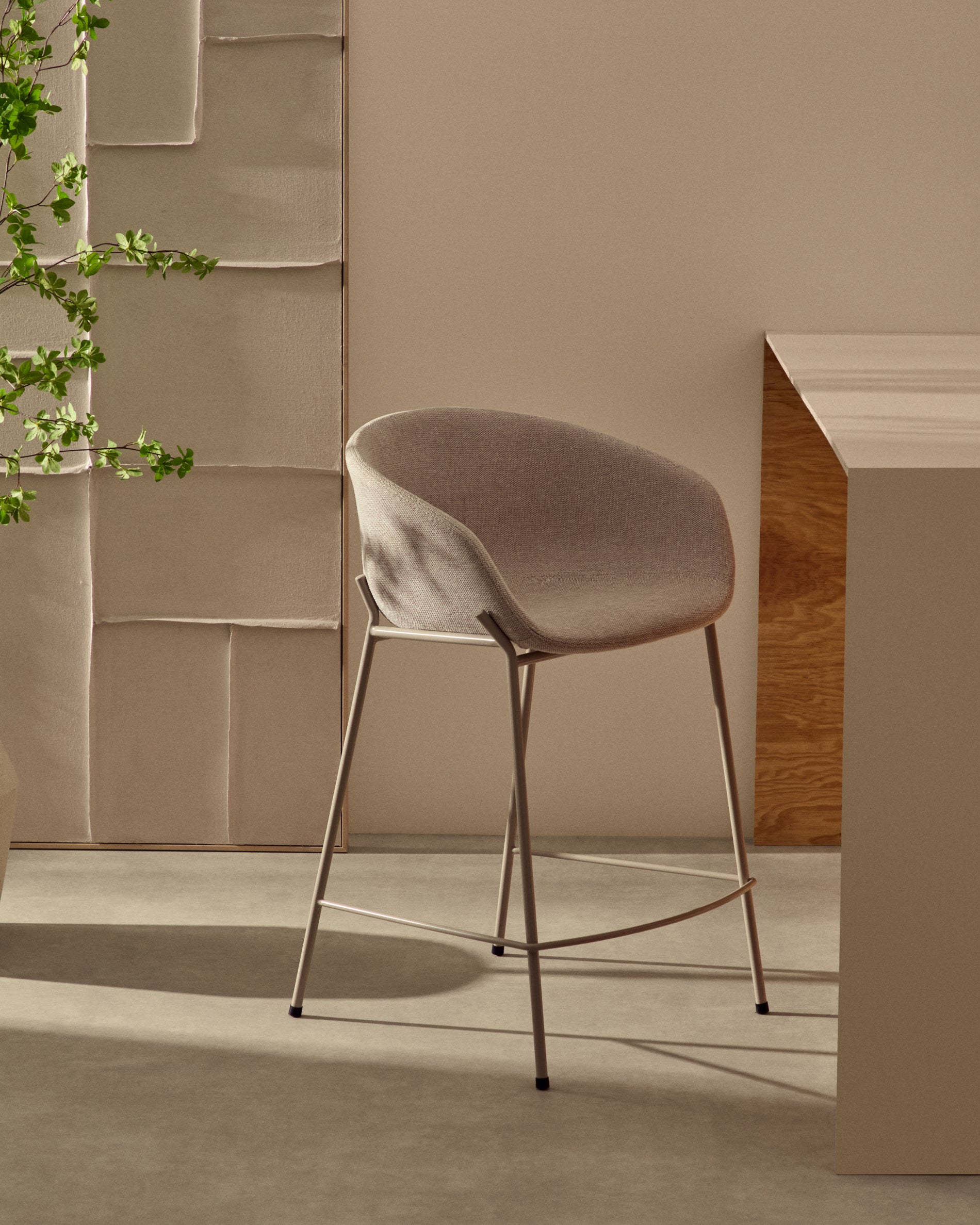 Yvette stool in beige chenille and steel legs in a beige finish, 75 cm high - Lifestyle