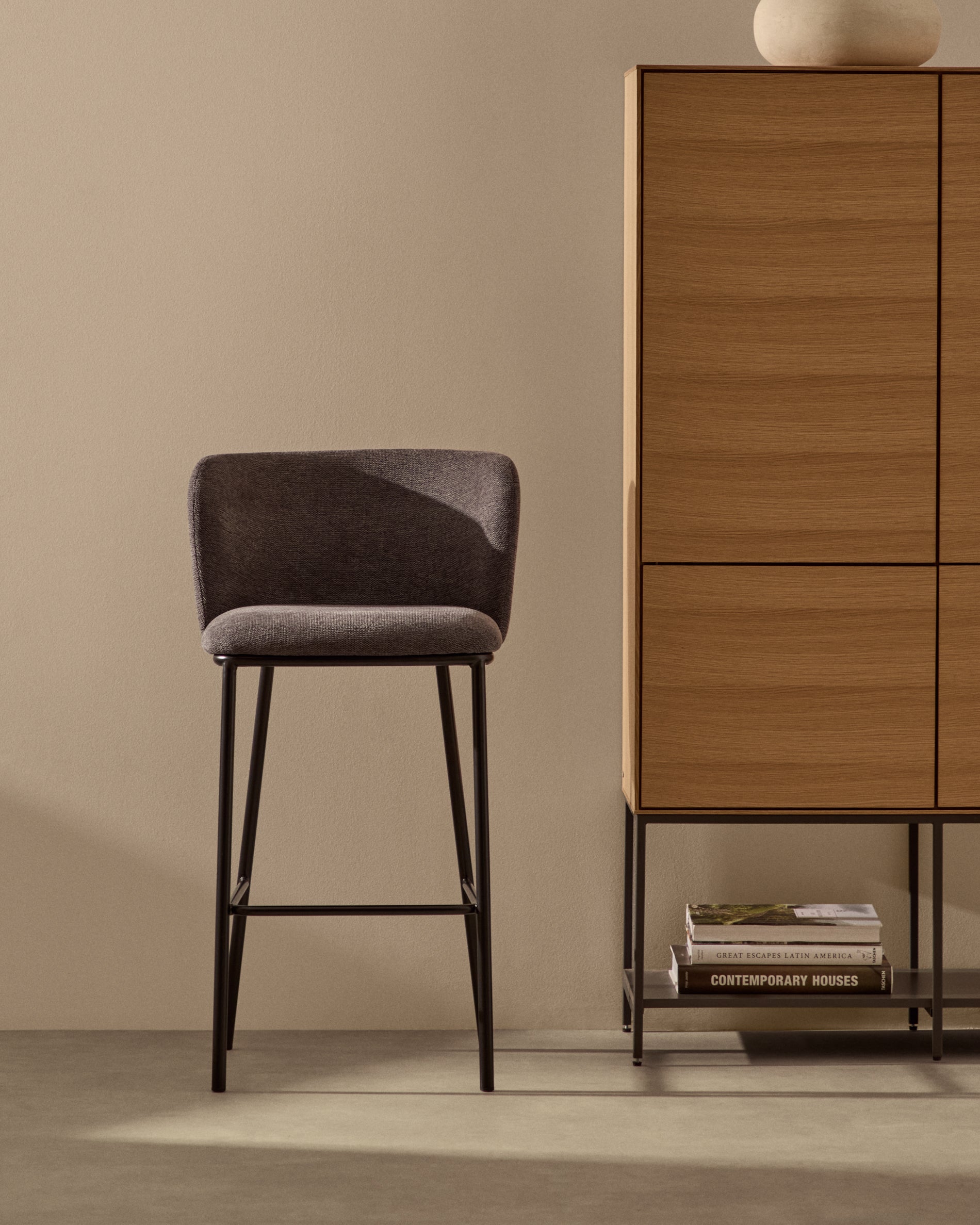 Ciselia stool in dark grey chenille with steel legs in black 65 cm height FSC Mix Credit - Lifestyle