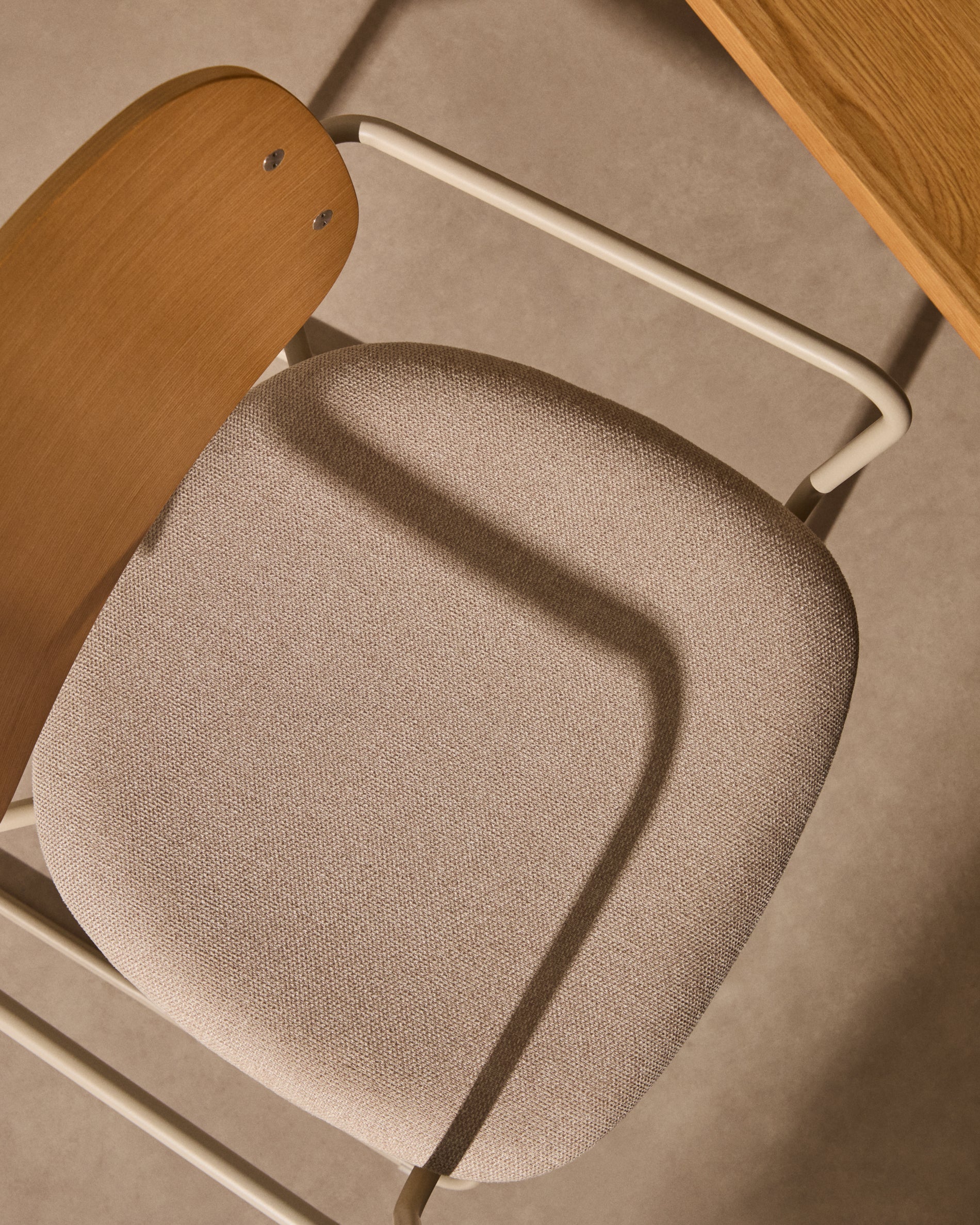 Meli chair in ash veneer with beige chenille seat and beige metal structure FSC Mix Credit - Lifestyle