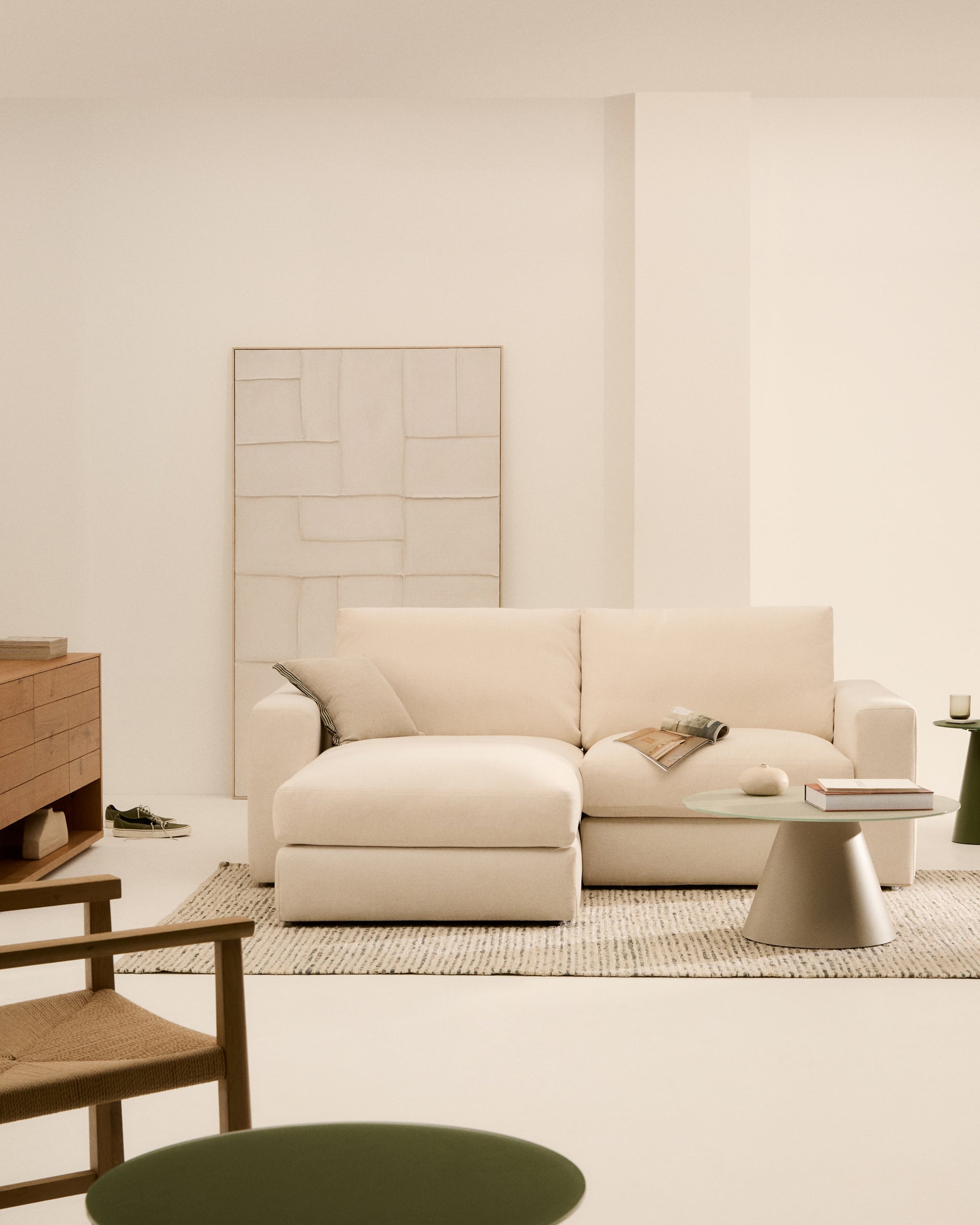 Alea ecru chenille 3-seater modular sofa with left chaise longue and removable cover 220cm - Lifestyle