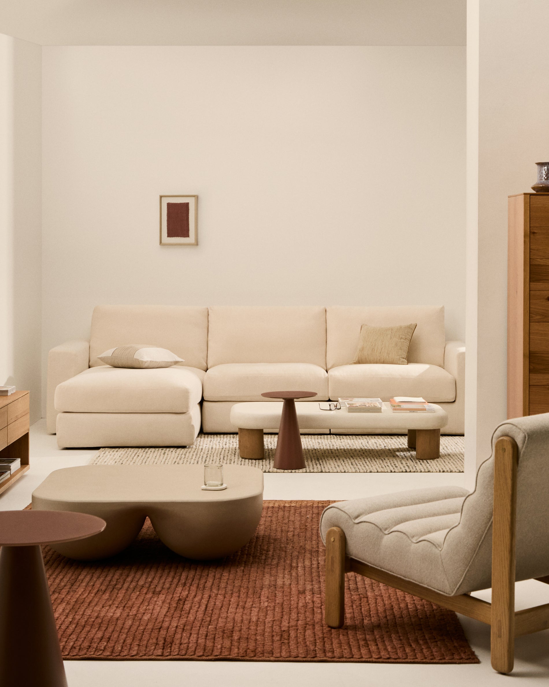 Alea ecru chenille 4-seater modular sofa with left chaise longue and removable cover 310cm - Lifestyle