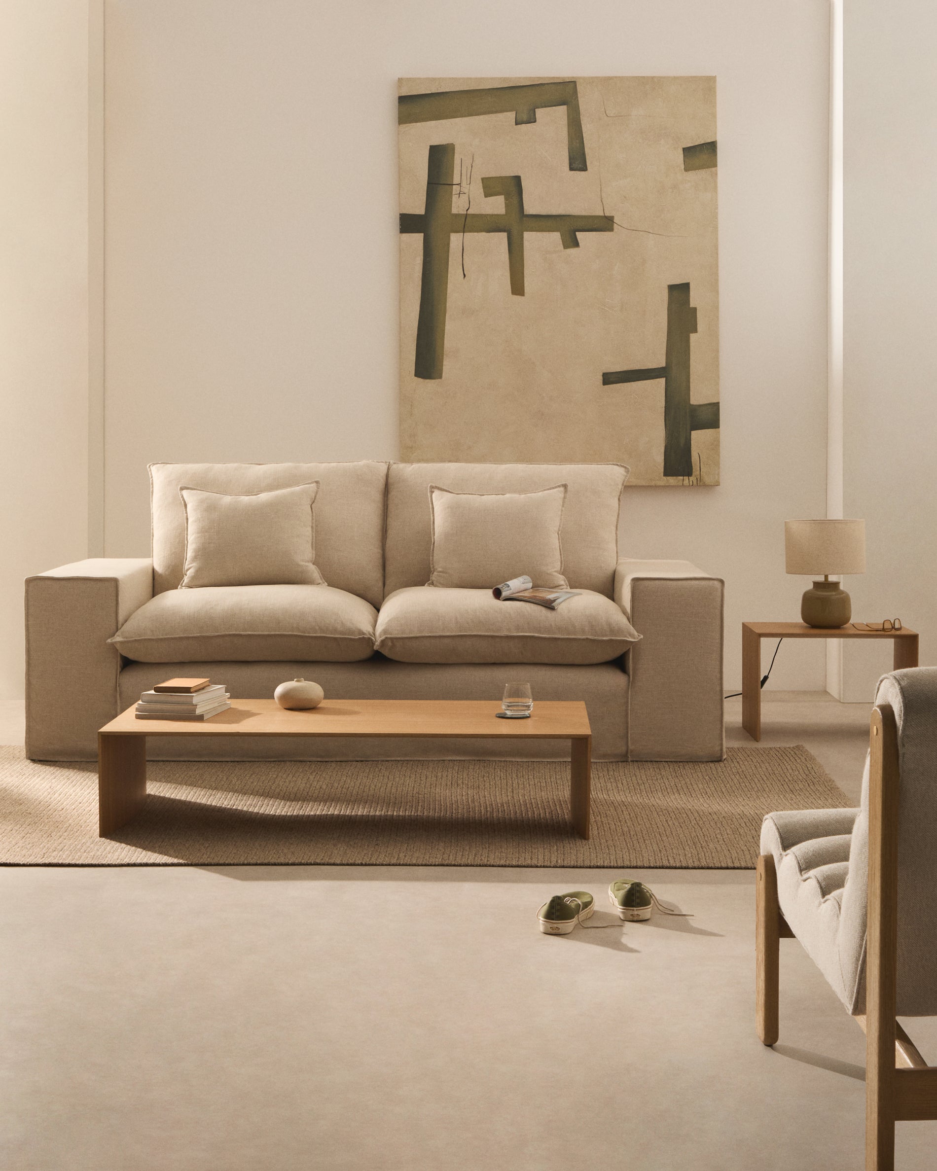 Anarela beige linen 2-seater sofa with removable cover and cushions 240cm - Lifestyle