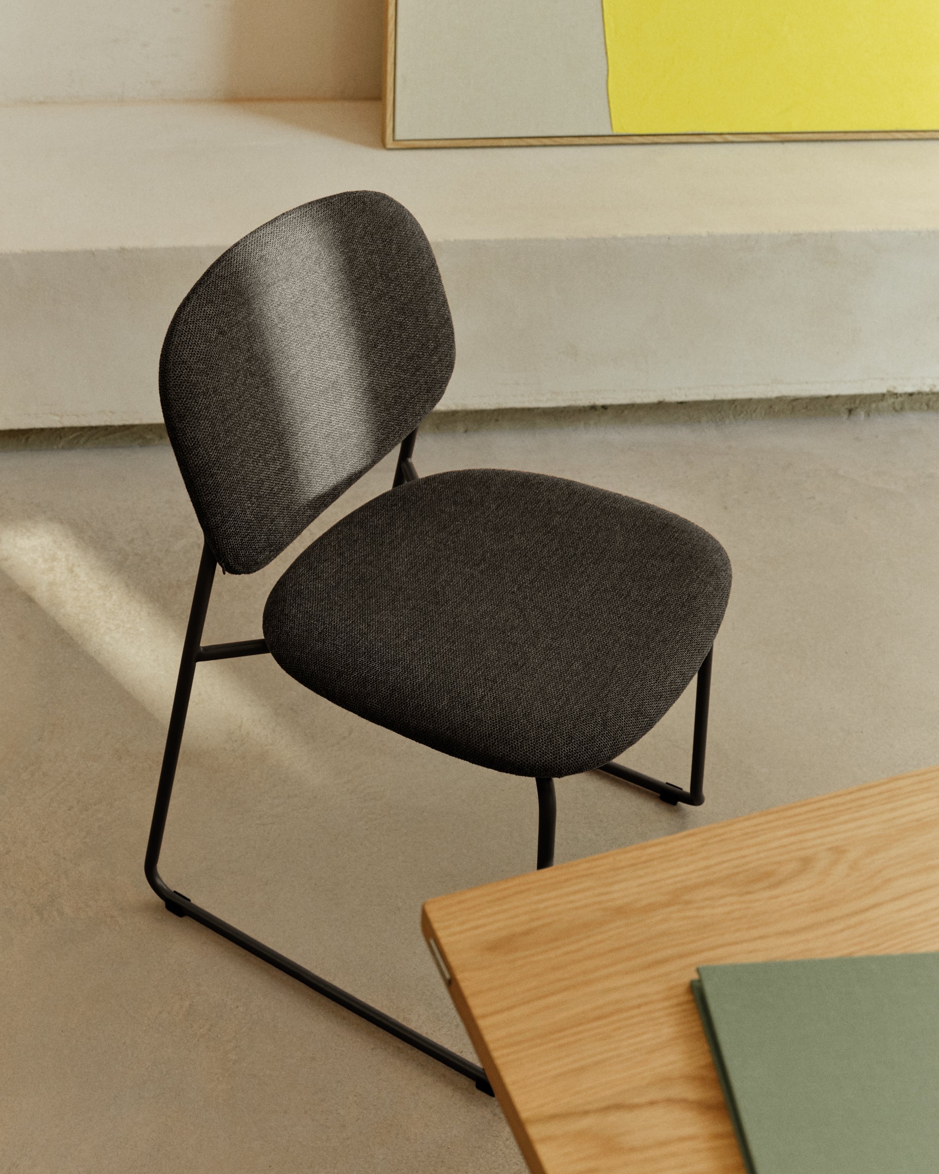 Meli stackable chair in grey chenille with grey metal legs FSC Mix Credit - Lifestyle
