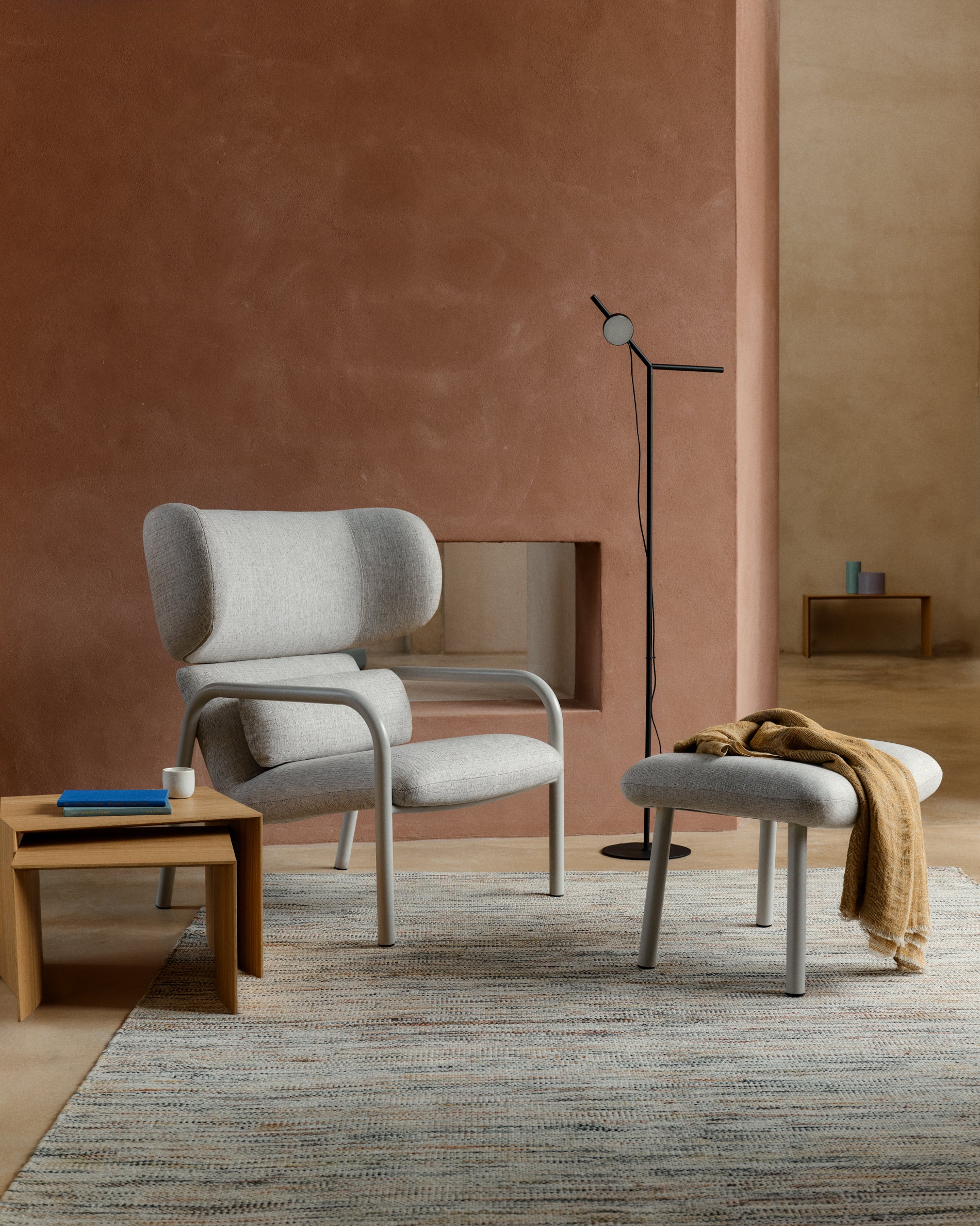 Inari footrest in beige and steel with beige painted finish 60 x 50cm FSC Mix Credit - Lifestyle
