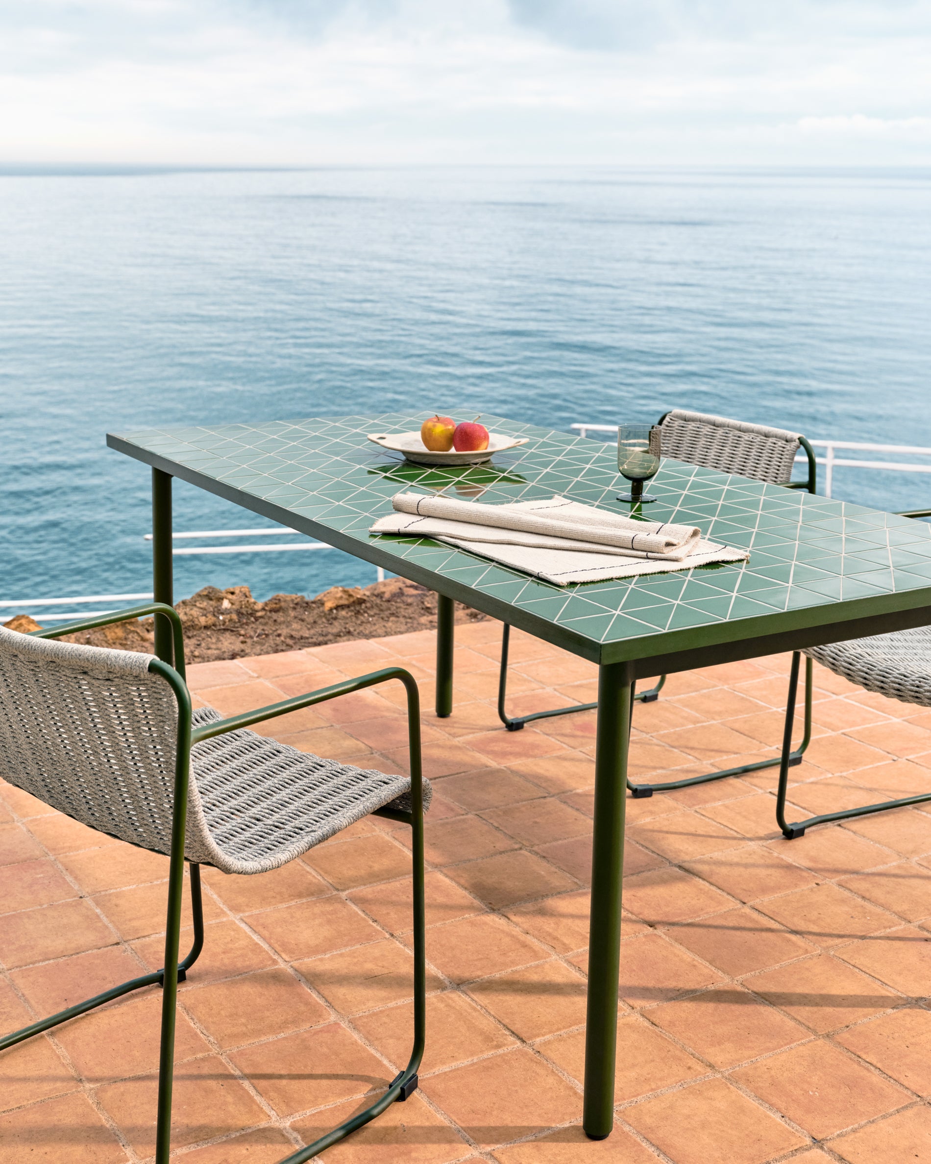 Maurina outdoor table in green galvanised steel with green tiles 223 x 101cm - Lifestyle