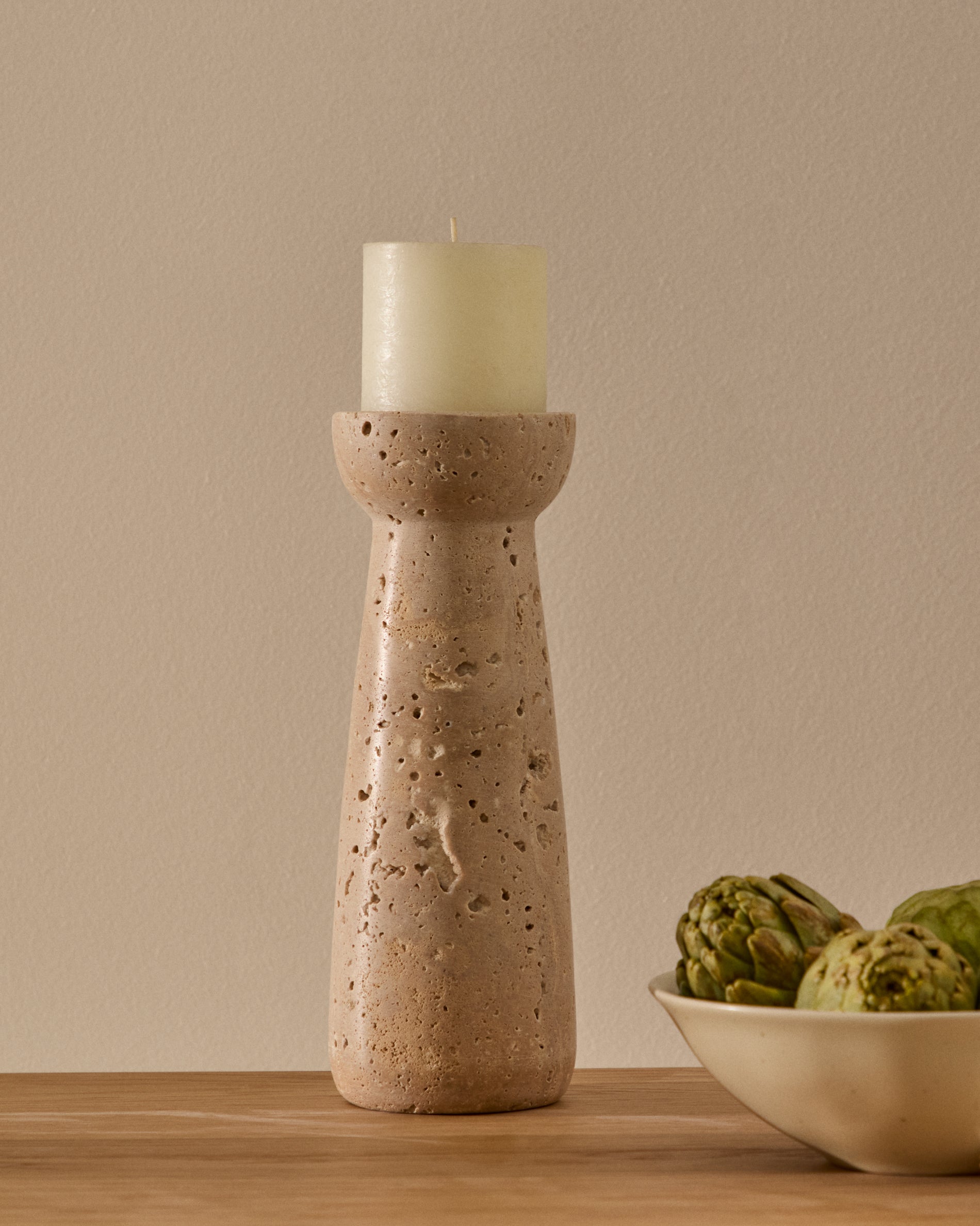 Magan large beige travertine candle holder - Lifestyle