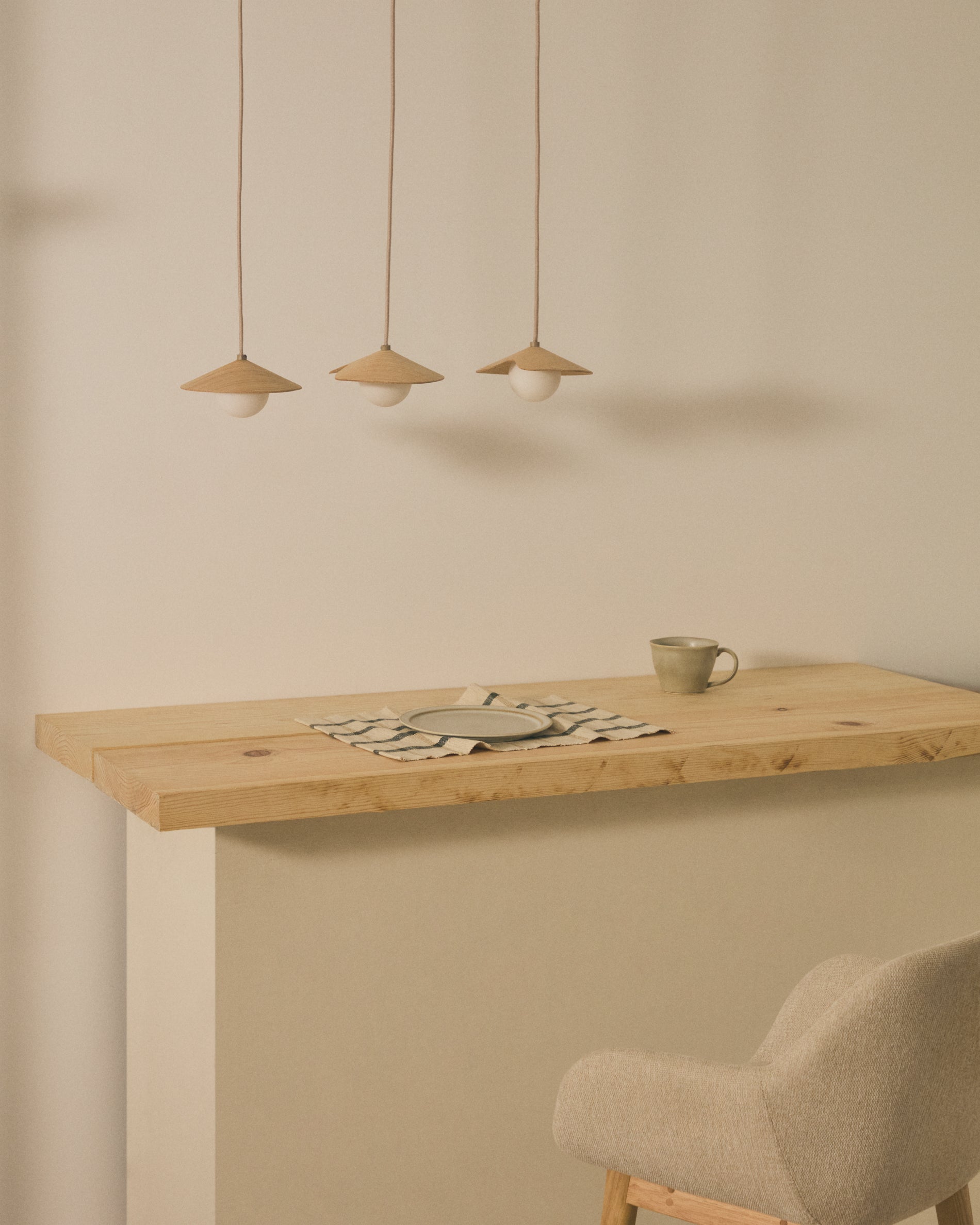 Wilara oak veneer ceiling lamp with 3 white smoked glass balls - Lifestyle