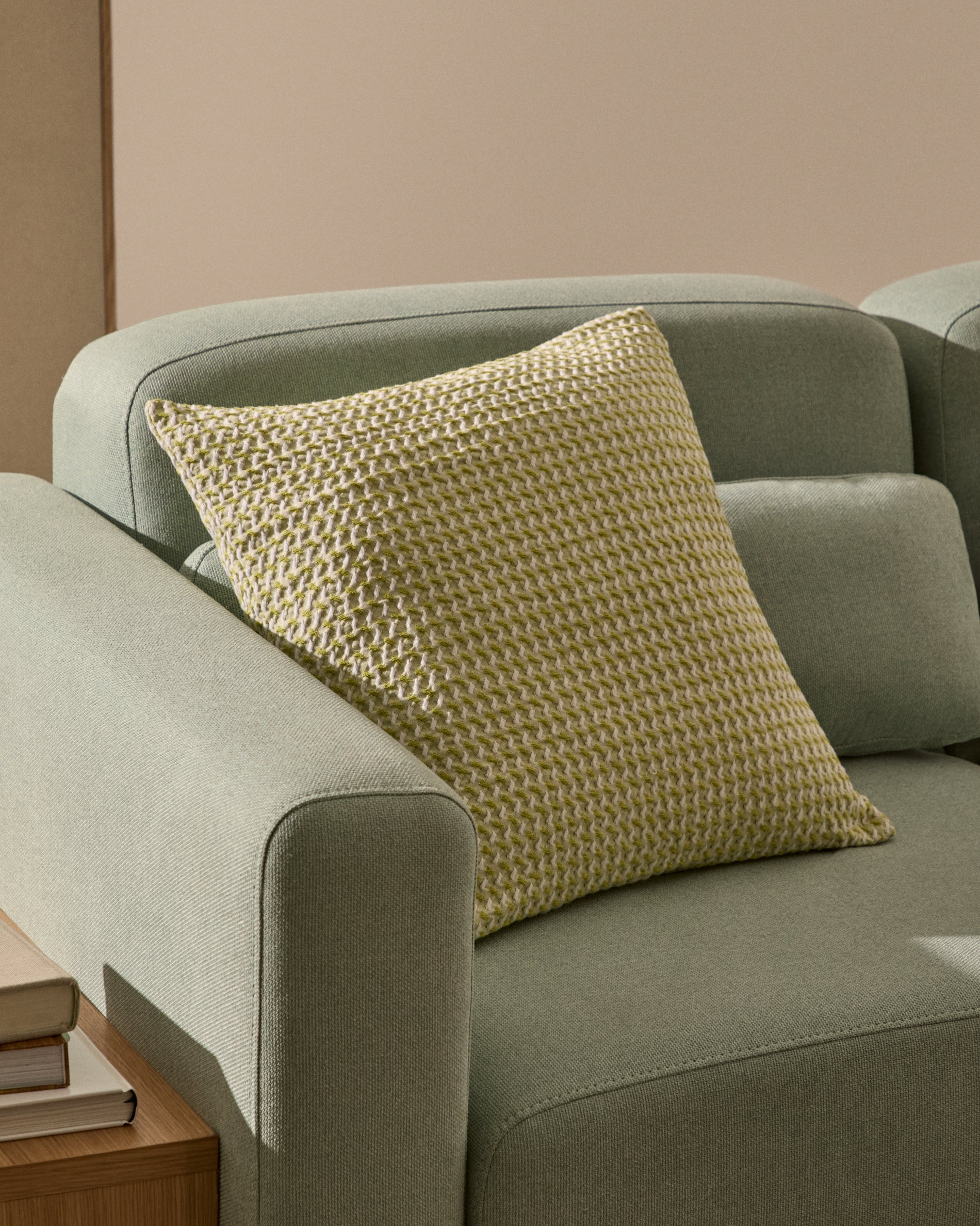 Lunira cushion cover with green waffle structure fabric 50 x 50cm - Lifestyle