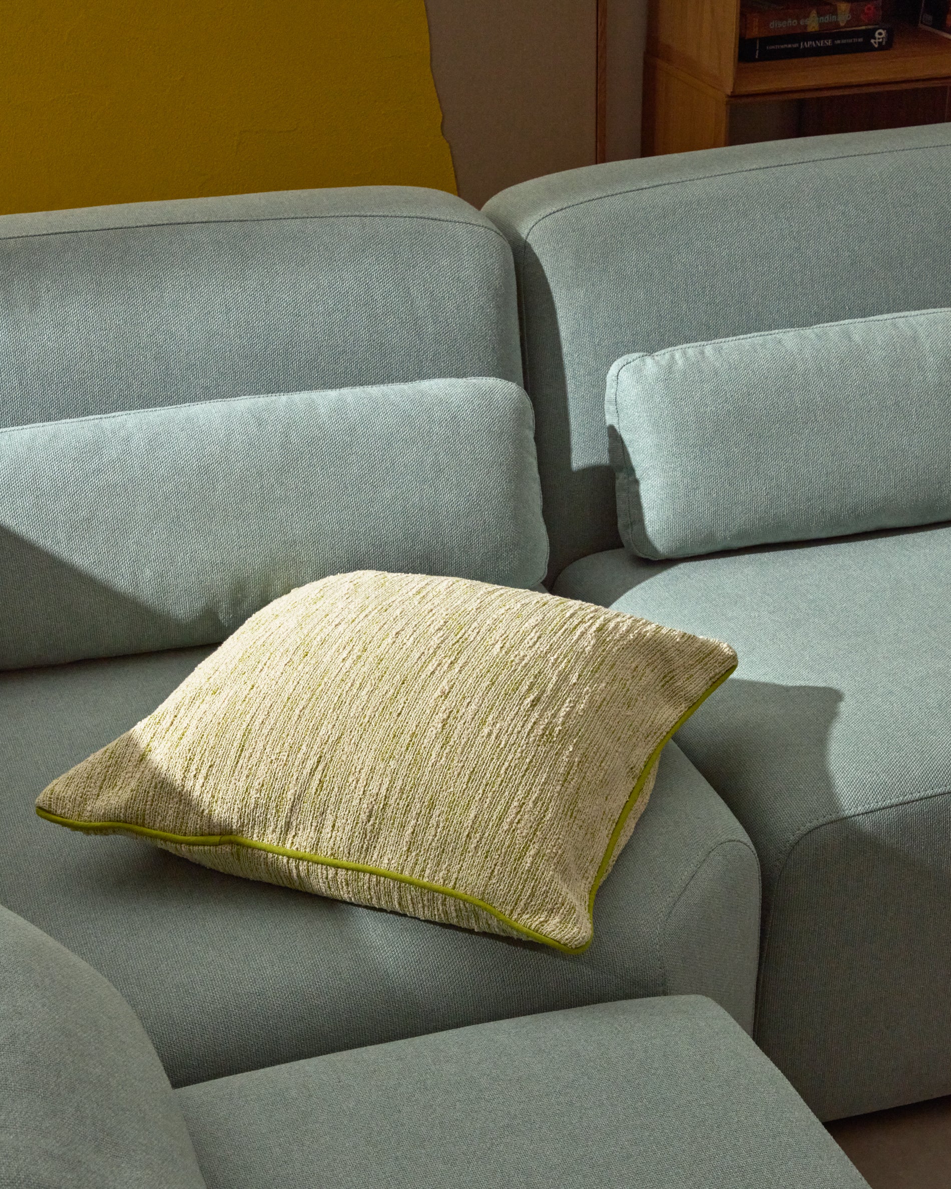 Brisella green jacquard cushion cover with contrasting trim 45 x 45cm - Lifestyle