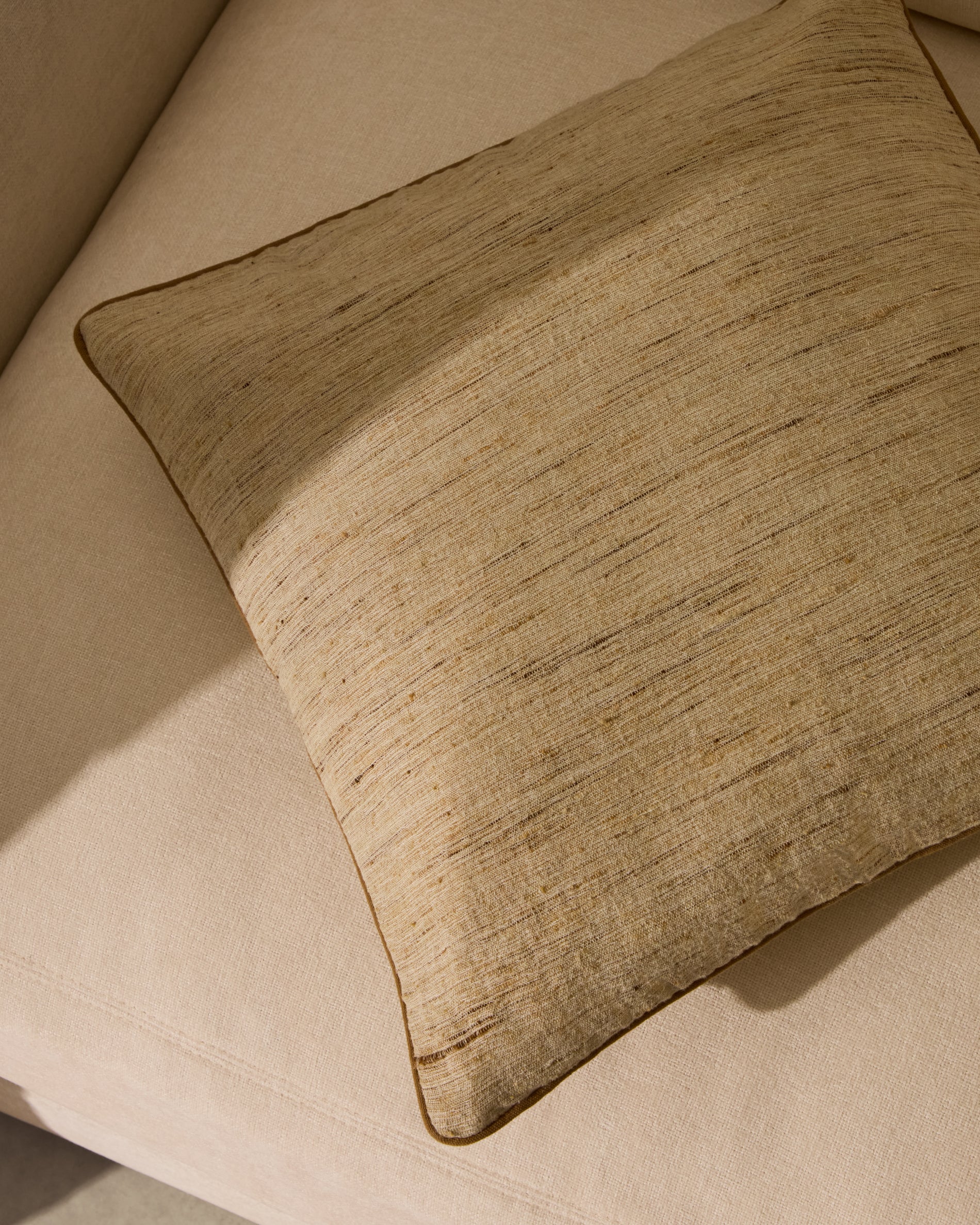 Aleos mustard cushion cover in melange fabric with contrasting trim 45 x 45cm - Lifestyle