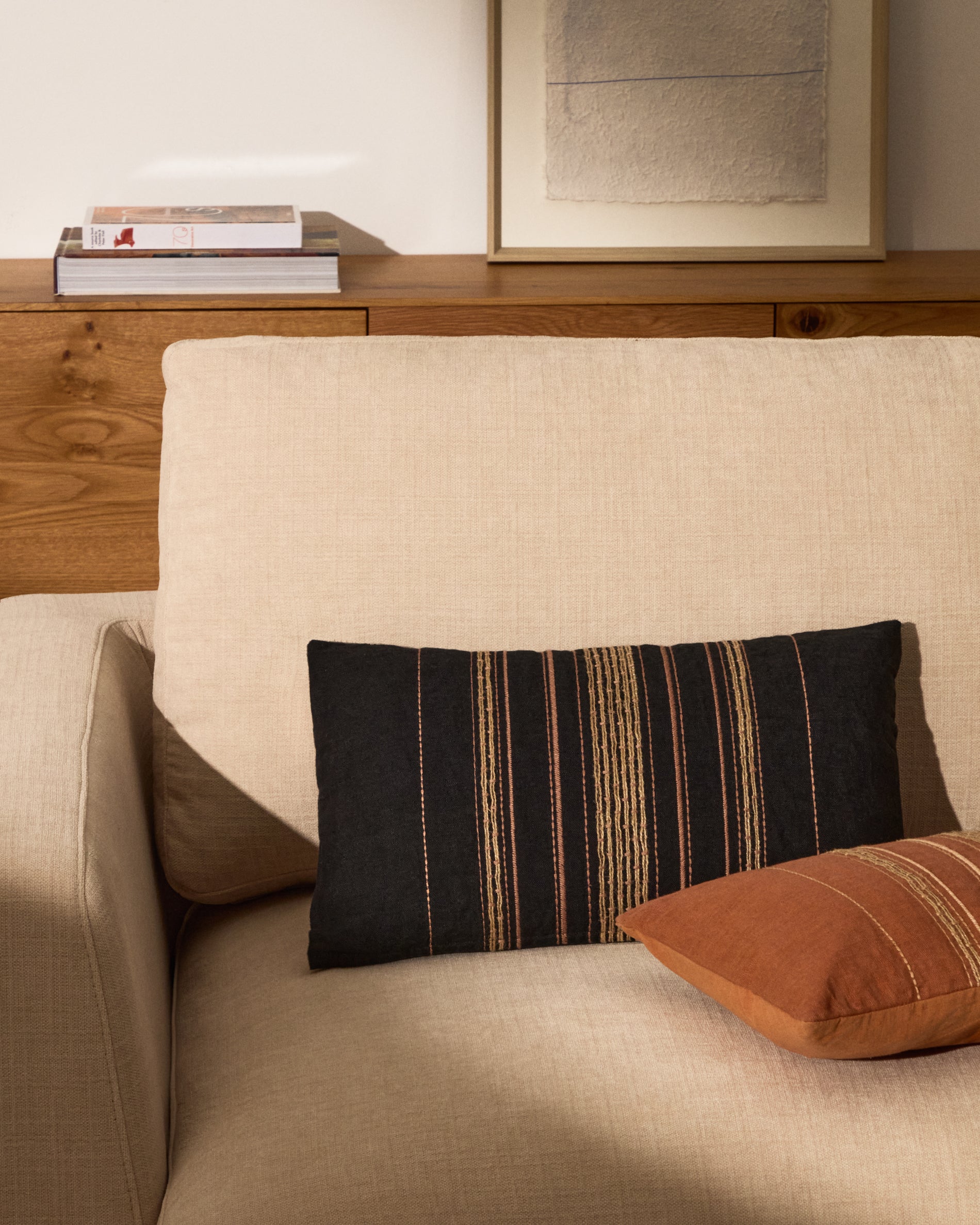 Sairu linen cushion cover with black and beige jute embroidery 30 x 50cm - Lifestyle