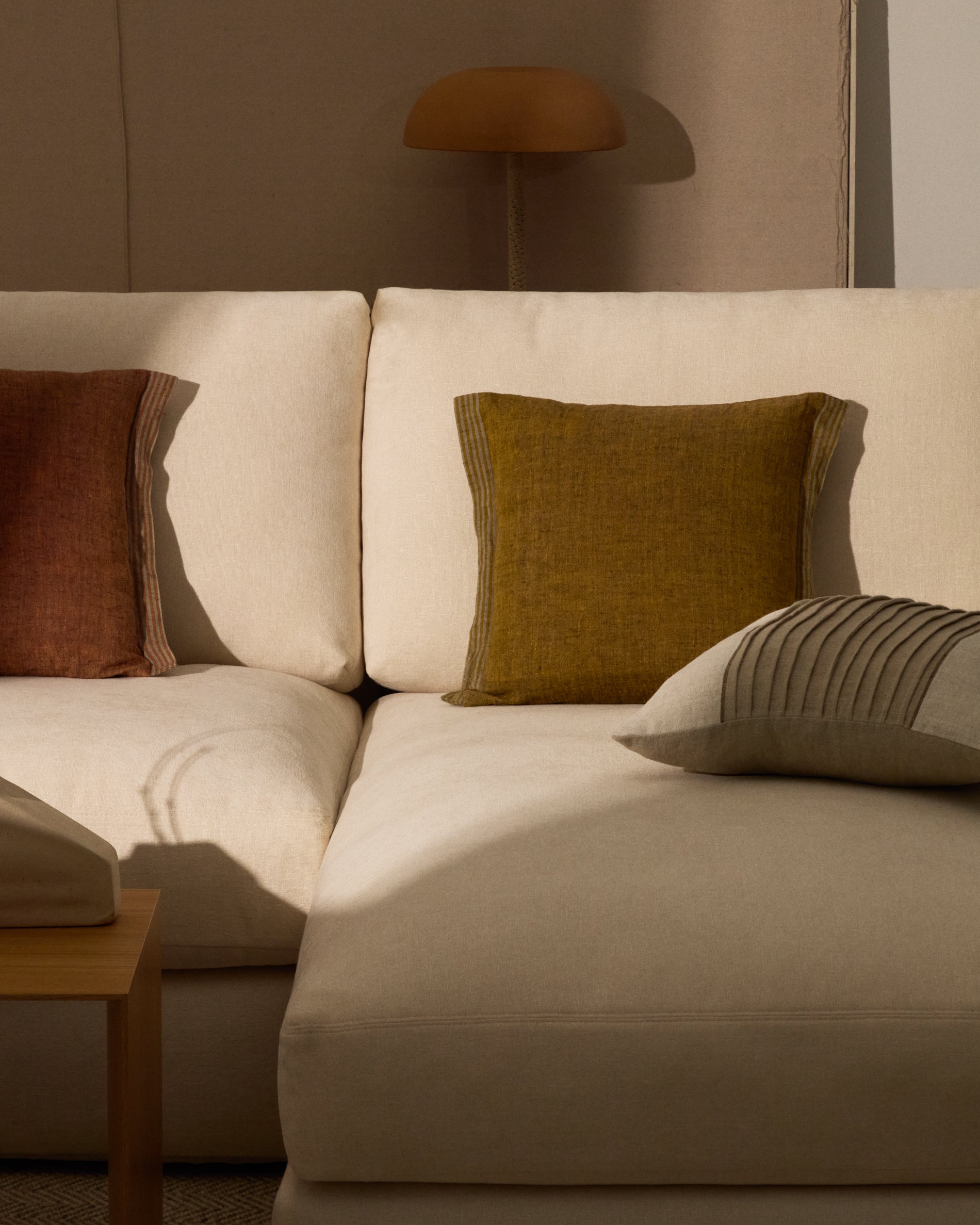 Niven mustard 100% melange linen cushion cover with side stripes 45 x 45cm - Lifestyle