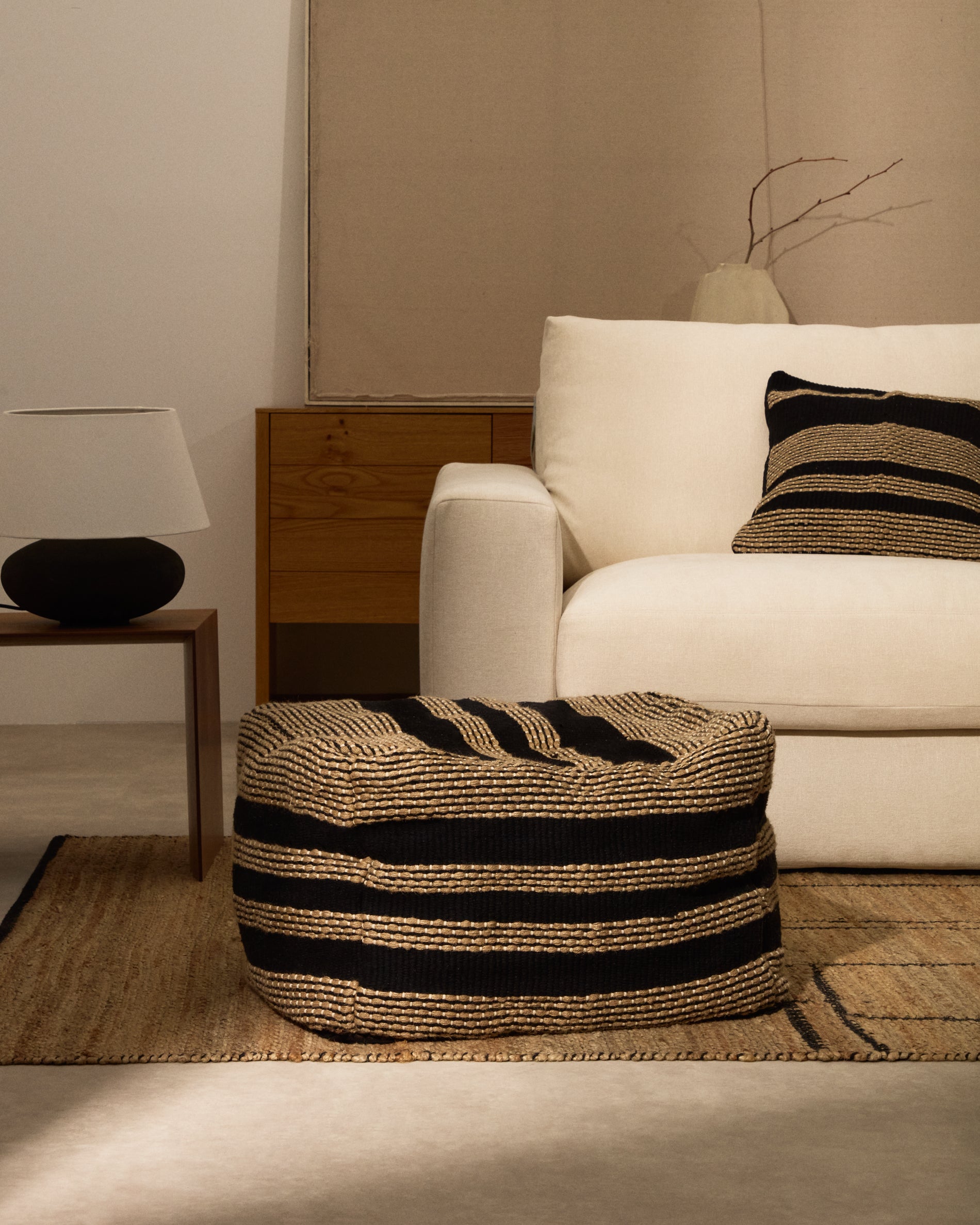 Aylin beige and black jute-embroidered cotton pouf 60 x 60 cm - Lifestyle