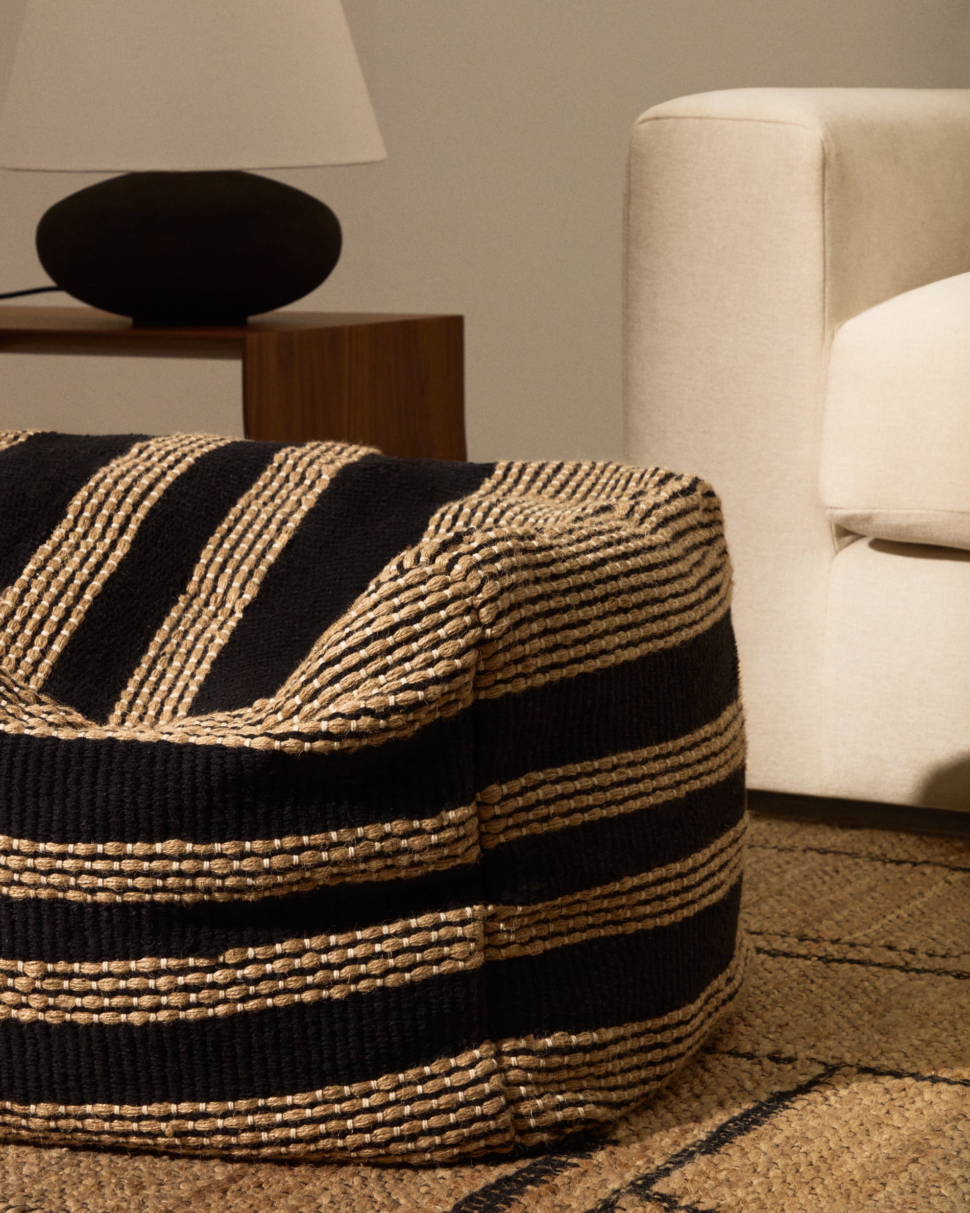 Aylin beige and black jute-embroidered cotton pouf 60 x 60 cm - Lifestyle
