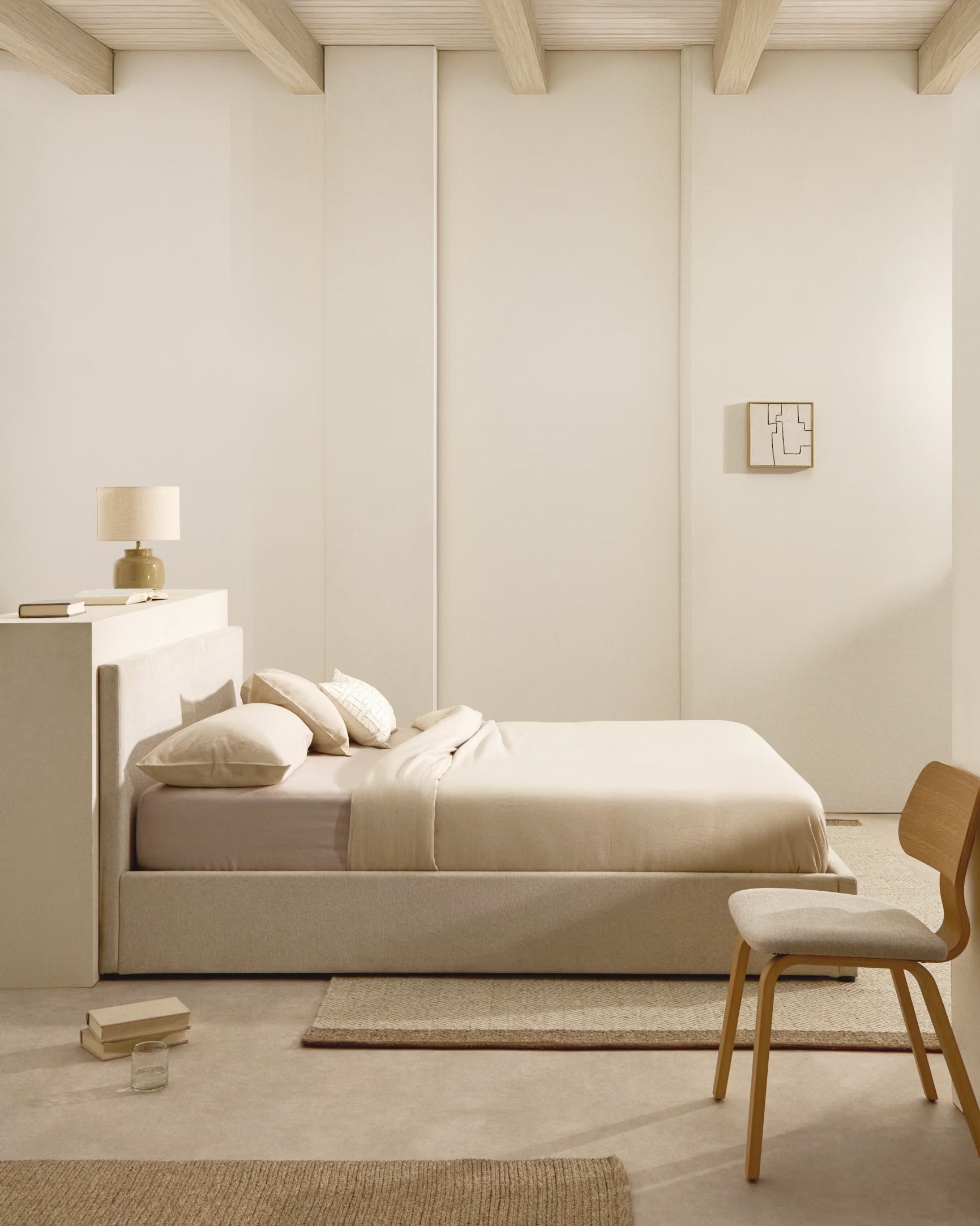 Nahiri beige chenille bed with storage base for 160 x 200cm mattress - Lifestyle