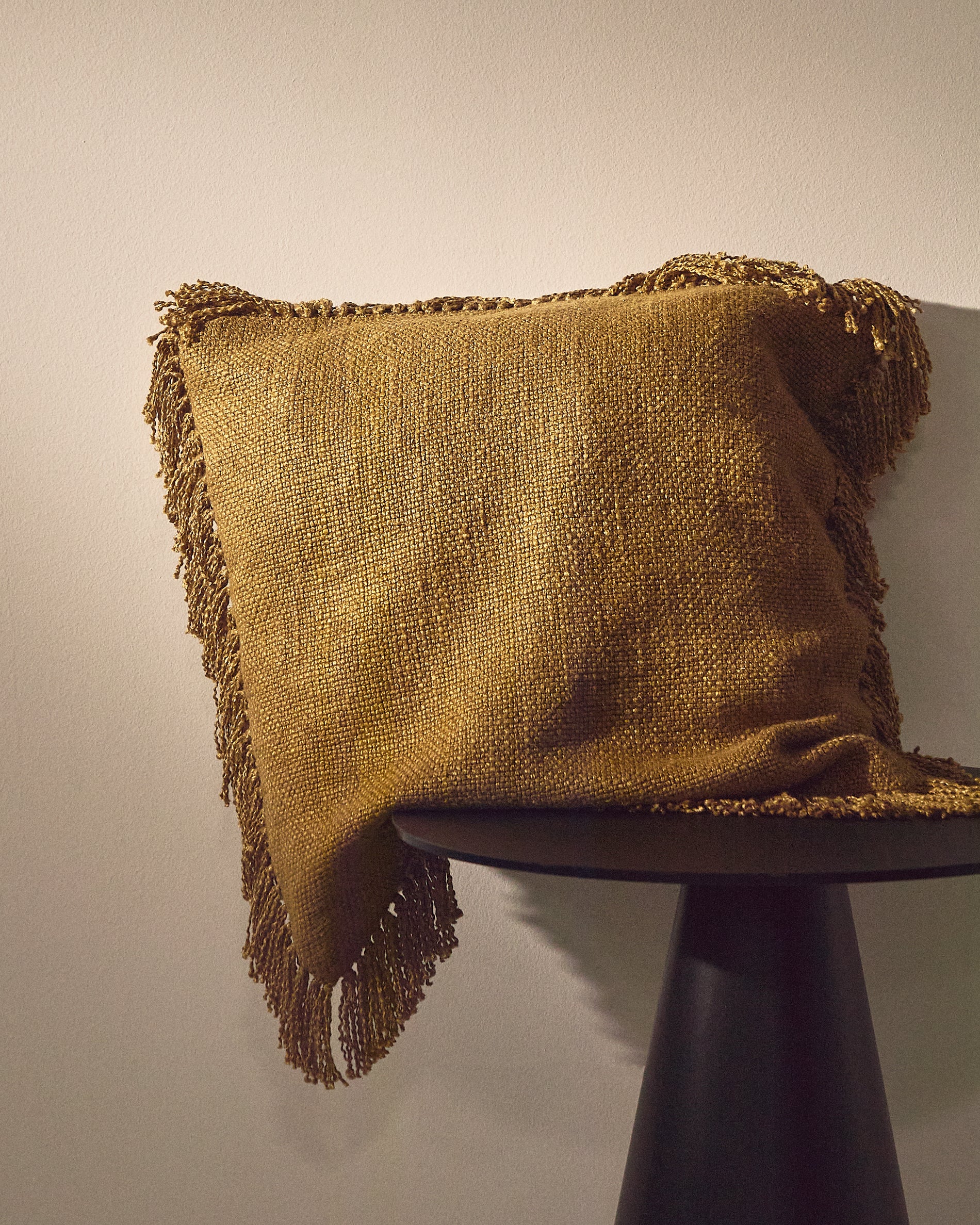 Isel mustard chenille cushion cover with fringing 50 x 50cm - Lifestyle